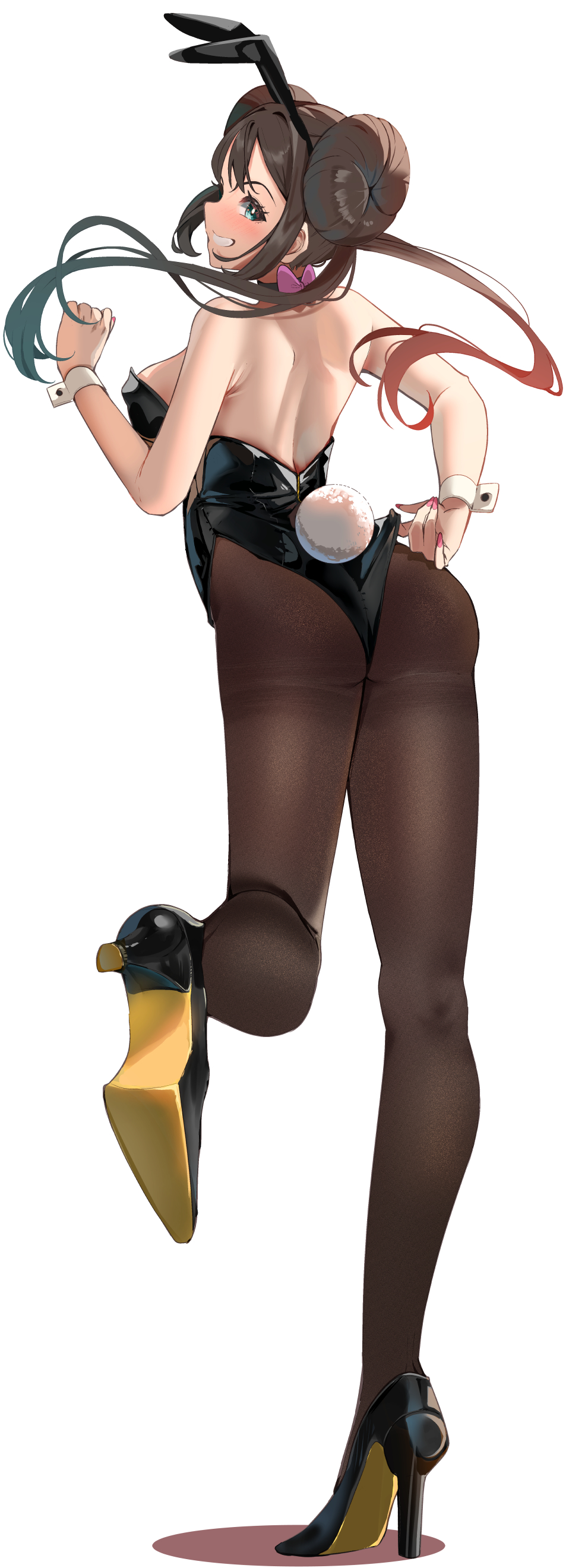 momdy (talesshinja), rosa (pokemon), nintendo, pokemon, absurdres, commentary request, highres, 1girl, adjusting clothes, adjusting leotard, alternate costume, animal ear hairband, animal ears, ass, back, backless leotard, black boots, black leotard, blue eyes, boots, breasts, brown hair, brown pantyhose, donut hair bun, double bun, eyelashes, fake animal ears, fake tail, from behind, full body, grin, hair bun, hairband, hand up, high heels, large breasts, leg up, leotard, long hair, looking at viewer, looking back, open mouth, pantyhose, playboy bunny, rabbit ears, rabbit tail, sideboob, smile, solo, standing, standing on one leg, tail, white wrist cuffs, wrist cuffs