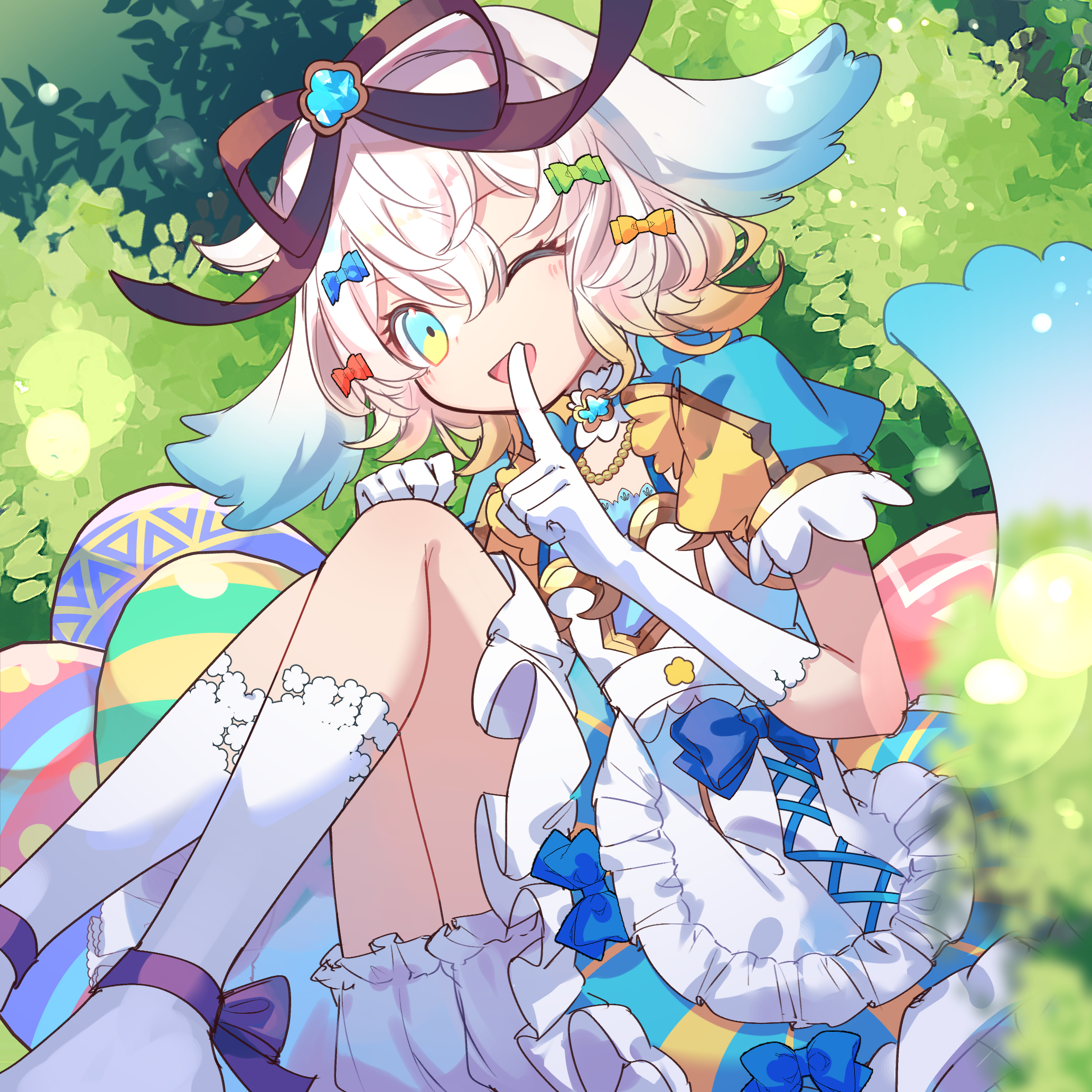 kuuron (moesann17), puzzle & dragons, highres, 1girl, blonde hair, blue bow, blue dress, blue eyes, bow, dress, easter egg, egg, finger to mouth, frilled dress, frills, gloves, green bow, hair bow, hair ornament, kneehighs, large bow, lavril (p&d), looking at viewer, maid, multicolored hair, one eye closed, orange bow, outdoors, red bow, ribbon, short hair, sitting, smile, socks, solo, thighhighs, two-tone hair, white gloves, white hair, white thighhighs