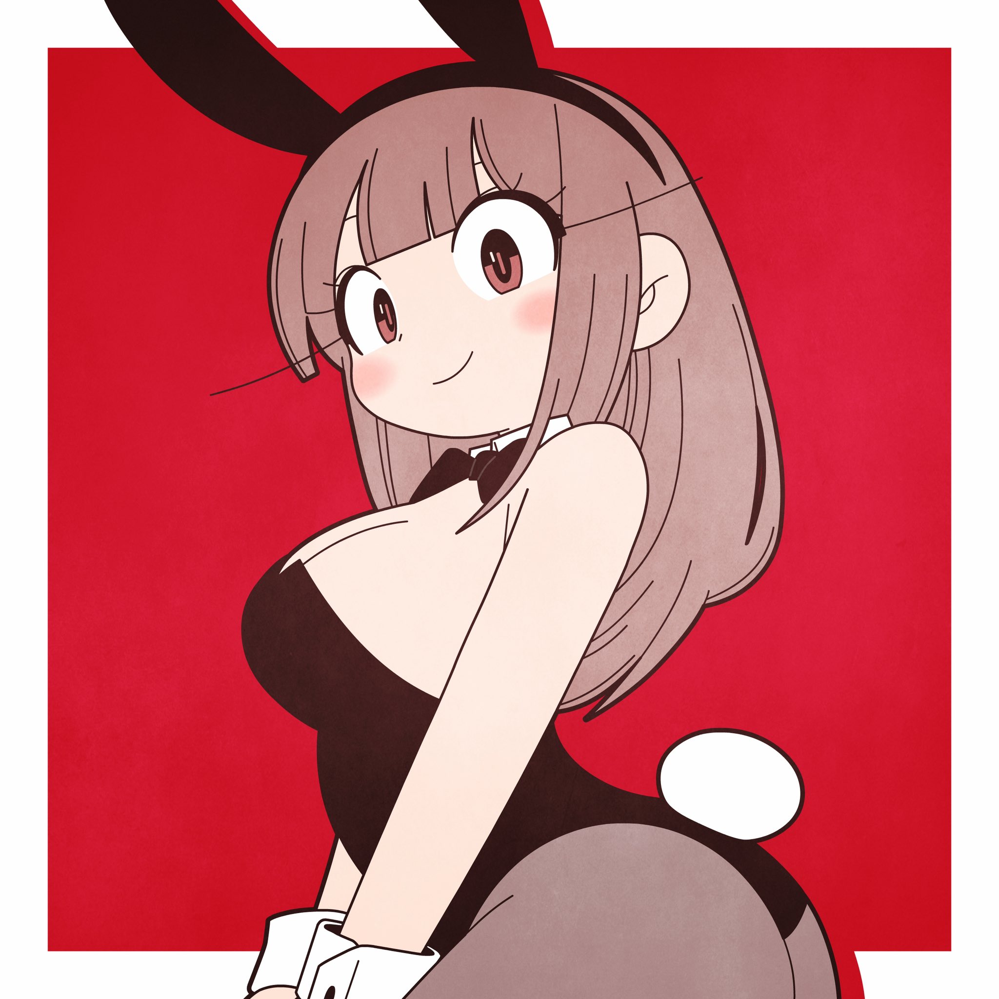 katsuhito omiya, kagari atsuko, original, highres, 1girl, animal ears, black bow, black leotard, blunt bangs, blush, bow, bowtie, breasts, brown hair, closed mouth, detached collar, fake animal ears, fake tail, large breasts, leotard, long hair, pantyhose, playboy bunny, rabbit ears, rabbit tail, red background, smile, solo, strapless, strapless leotard, tail, wrist cuffs