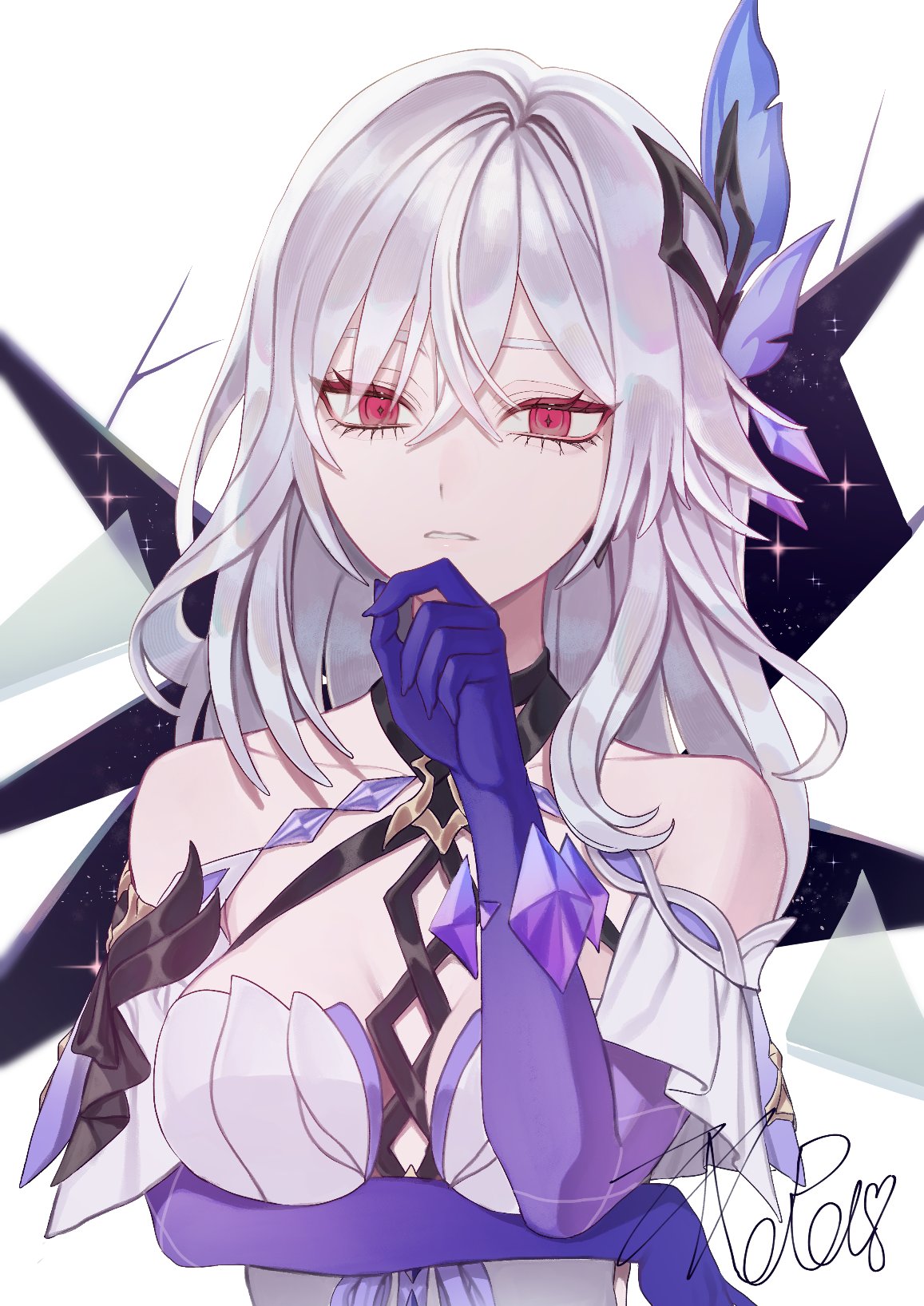 zabu rou, skirk (genshin impact), genshin impact, commentary request, highres, 1girl, arm support, artist name, bare shoulders, blue ribbon, breasts, collarbone, crossed bangs, crystal hair ornament, detached sleeves, dress, empty eyes, grey hair, hair between eyes, hair ornament, hair ribbon, hand on own chin, hand up, large breasts, long hair, looking at viewer, prosthesis, prosthetic arm, purple hands, red eyes, ribbon, short sleeves, signature, sleeveless, sleeveless dress, solo, star (sky), starry sky background, teeth, upper body, white background, white dress, white sleeves