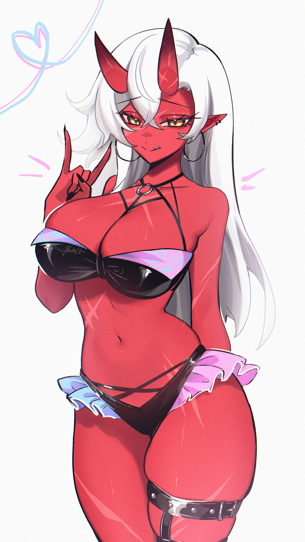 yoclesh, akumi (yoclesh), indie virtual youtuber, highres, 1girl, :q, m/, bikini, black bikini, black nails, breasts, colored skin, earrings, hoop earrings, horns, jewelry, large breasts, long hair, pointy ears, red skin, scar, scar on leg, scar on stomach, skin-covered horns, solo, swimsuit, tongue, tongue out, very long hair, virtual youtuber, white hair, yellow eyes