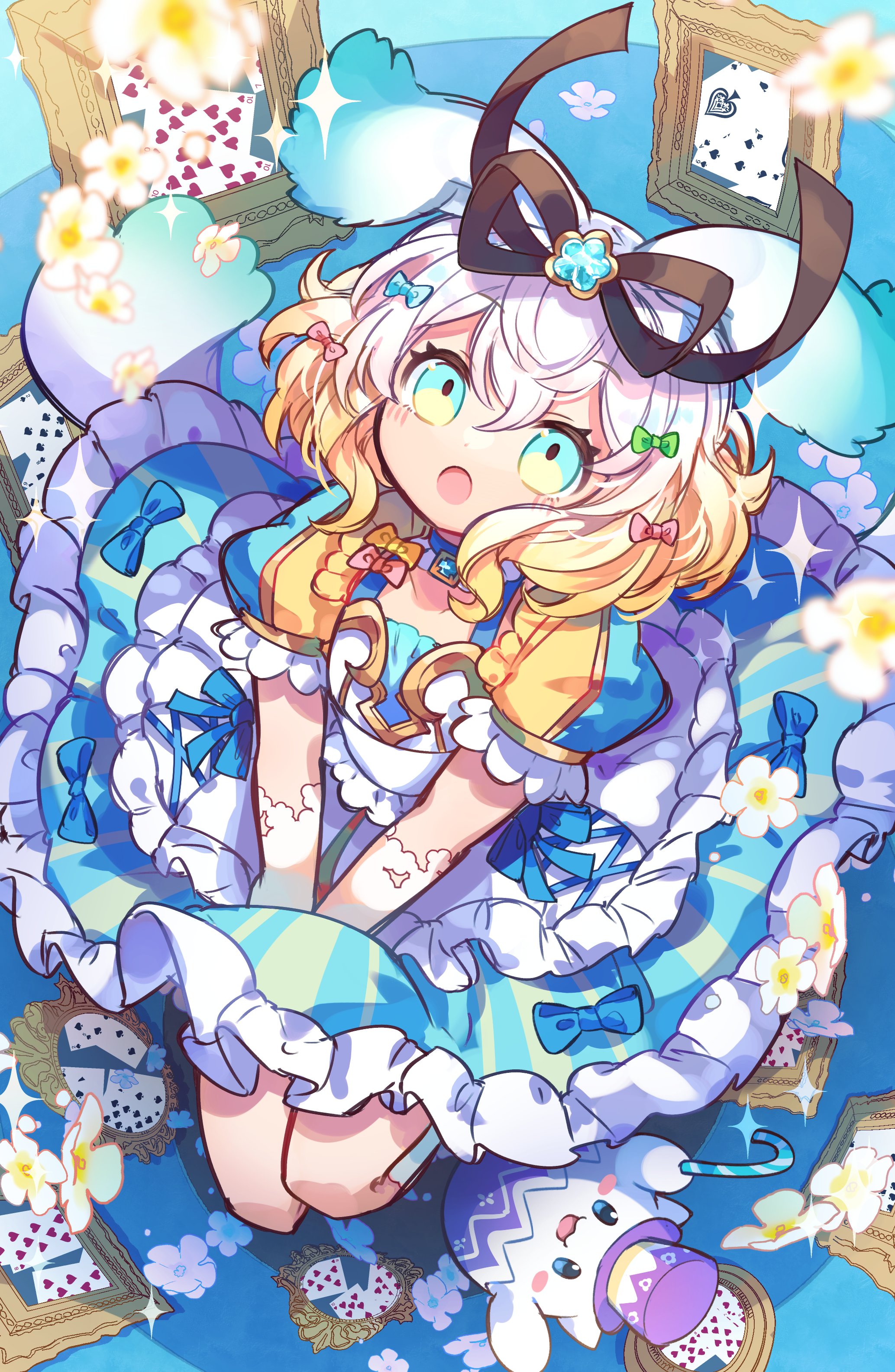 kuuron (moesann17), puzzle & dragons, absurdres, highres, 1girl, blonde hair, blue bow, blue dress, blue eyes, blush, bow, card, dress, flower, frilled dress, frills, from above, gloves, green bow, hair bow, hair ornament, kneehighs, large bow, lavril (p&d), looking up, maid, multicolored hair, orange bow, outdoors, playing card, red bow, ribbon, short hair, sitting, socks, solo, thighhighs, two-tone hair, white gloves, white hair, white thighhighs