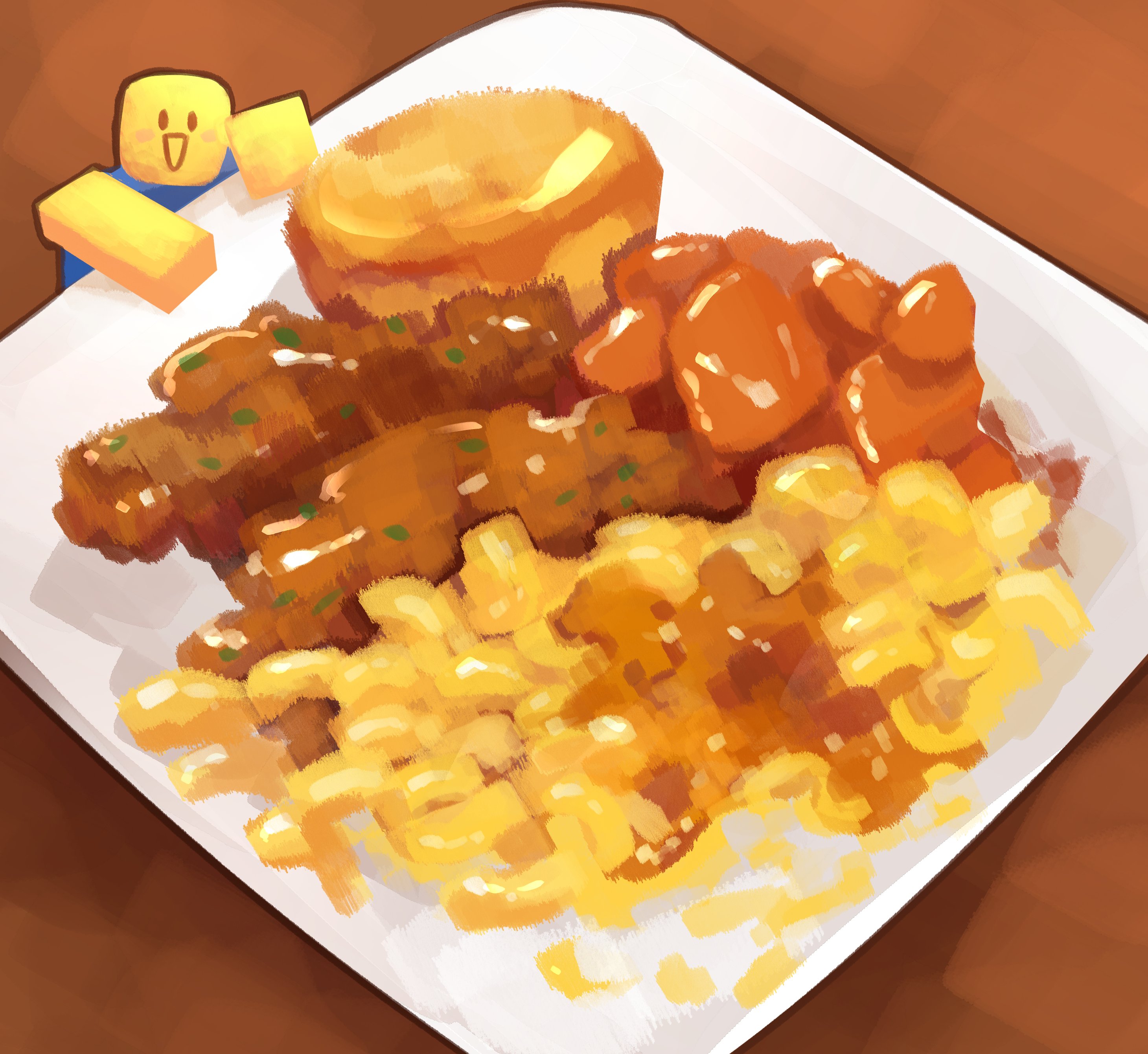 himochuu, roblox, absurdres, commentary, english commentary, highres, :d, chicken (food), food, food focus, from above, looking at viewer, macaroni and cheese (food), mini person, open mouth, painterly, plate, smile, sweet potato