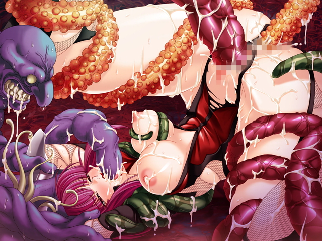 oboro (taimanin asagi), taimanin (series), taimanin asagi, 00s, 1girl, anal, blush, bukkake, censored, cum, cum in pussy, cum on body, facial, fellatio, multiple penetration, oral, pink hair, tentacles, triple penetration, vaginal