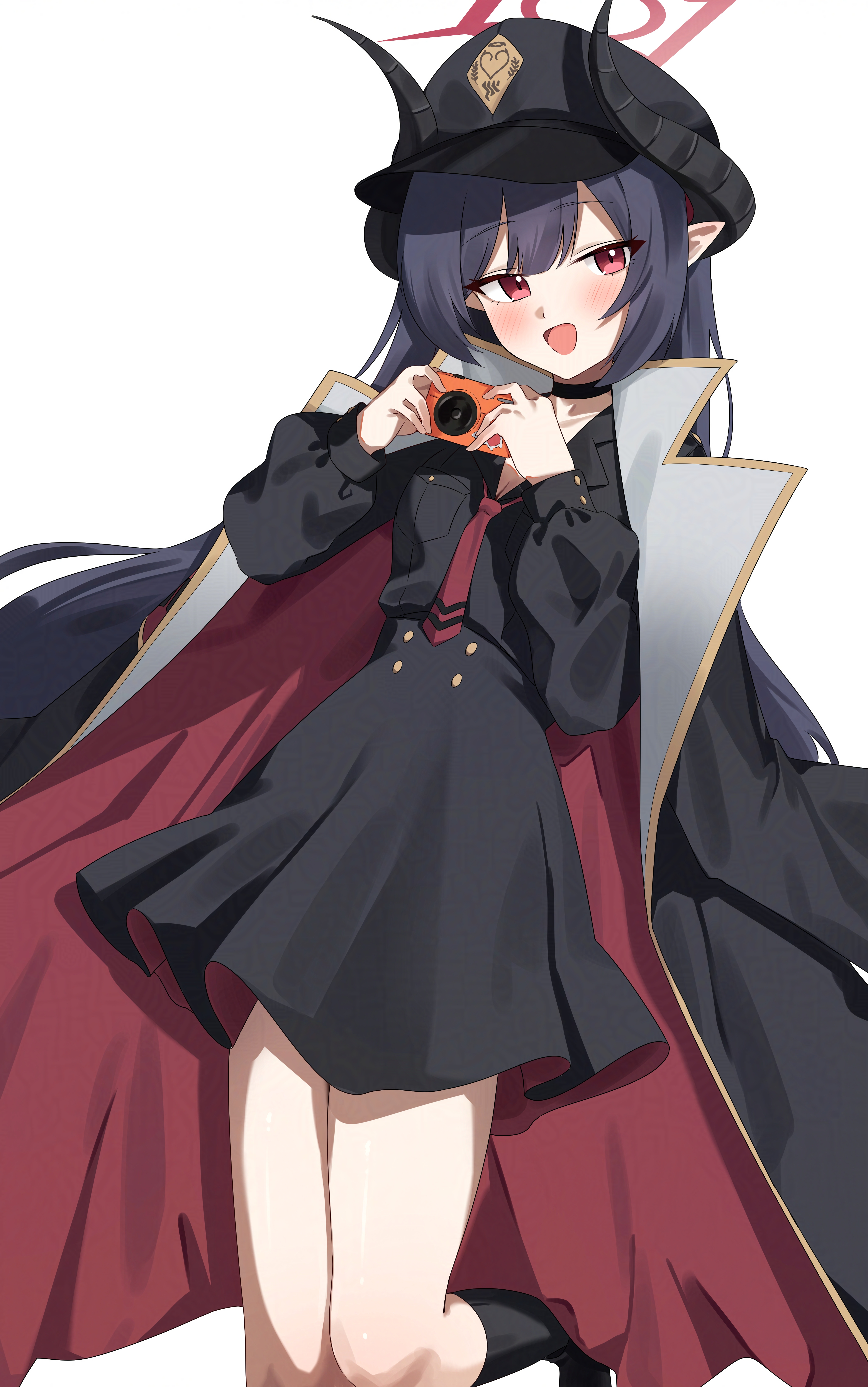 d (delt4), chiaki (blue archive), blue archive, absurdres, highres, 1girl, black dress, black jacket, black socks, blush, breasts, camera, cleavage, demon girl, demon horns, dress, halo, holding, holding camera, horns, jacket, jacket on shoulders, kneehighs, long hair, looking at viewer, necktie, open mouth, pointy ears, purple hair, red halo, red necktie, sidelocks, socks, solo