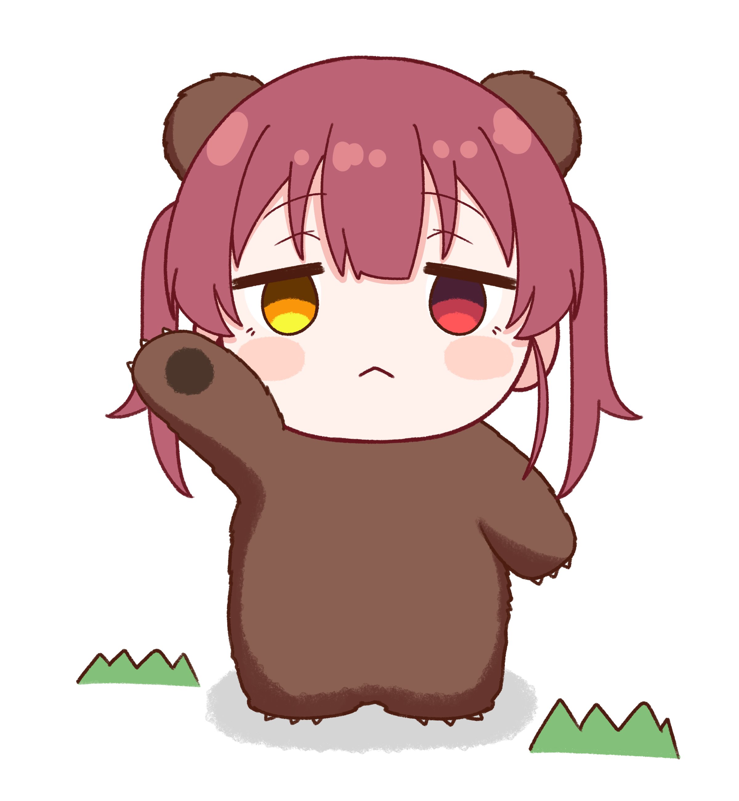 zakitaku8311, houshou kumarine, houshou marine, hololive, absurdres, highres, 1girl, animal costume, bear costume, blush stickers, chibi, full body, heterochromia, red eyes, red hair, simple background, solo, twintails, virtual youtuber, white background, yellow eyes