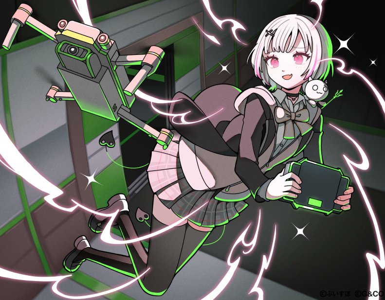tenteko mai51, asumi sena, asumi sena (4th costume), vspo!, official art, black jacket, black shoes, black thighhighs, bow, brown bow, collared shirt, controller, demon tail, drone, grey hair, grey skirt, holding, holding controller, jacket, multicolored hair, multiple tails, open clothes, open jacket, open mouth, pink eyes, pink hair, pleated skirt, shirt, shoes, short hair, skirt, streaked hair, tail, thighhighs, two-tone hair, two tails, virtual youtuber, white shirt