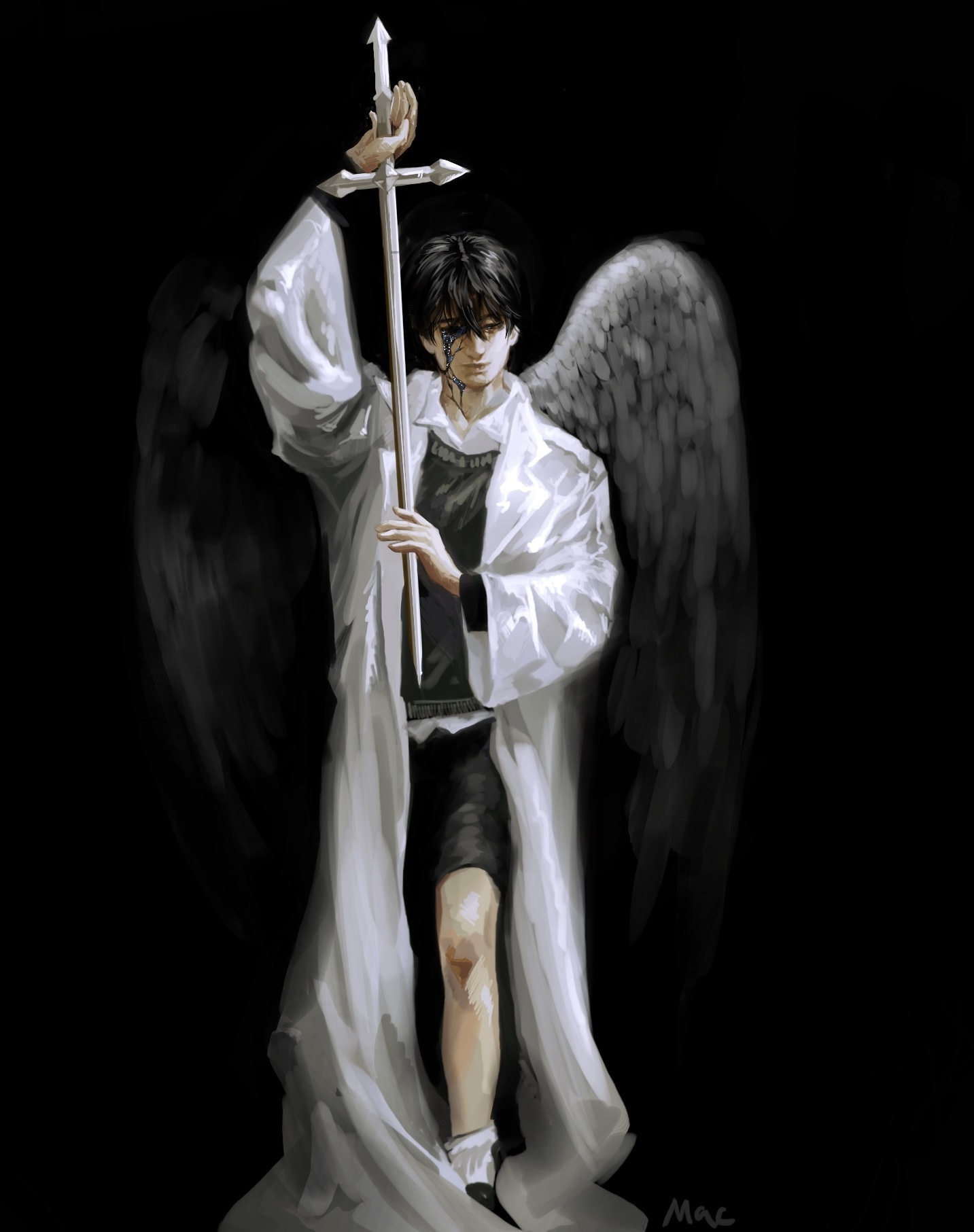 kim dokja, omniscient reader's viewpoint, commentary, english commentary, highres, 1boy, alternate costume, black blood, black hair, black shorts, black vest, black wings, blood, broken skin, coat, collared shirt, dual persona, feathered wings, full body, holding, holding sword, holding weapon, impaled, looking at viewer, macaronijail, male focus, oldest dream, oversized clothes, popped collar, shirt, short hair, shorts, solo, standing, static, sword, vest, weapon, white coat, white shirt, white wings, wings
