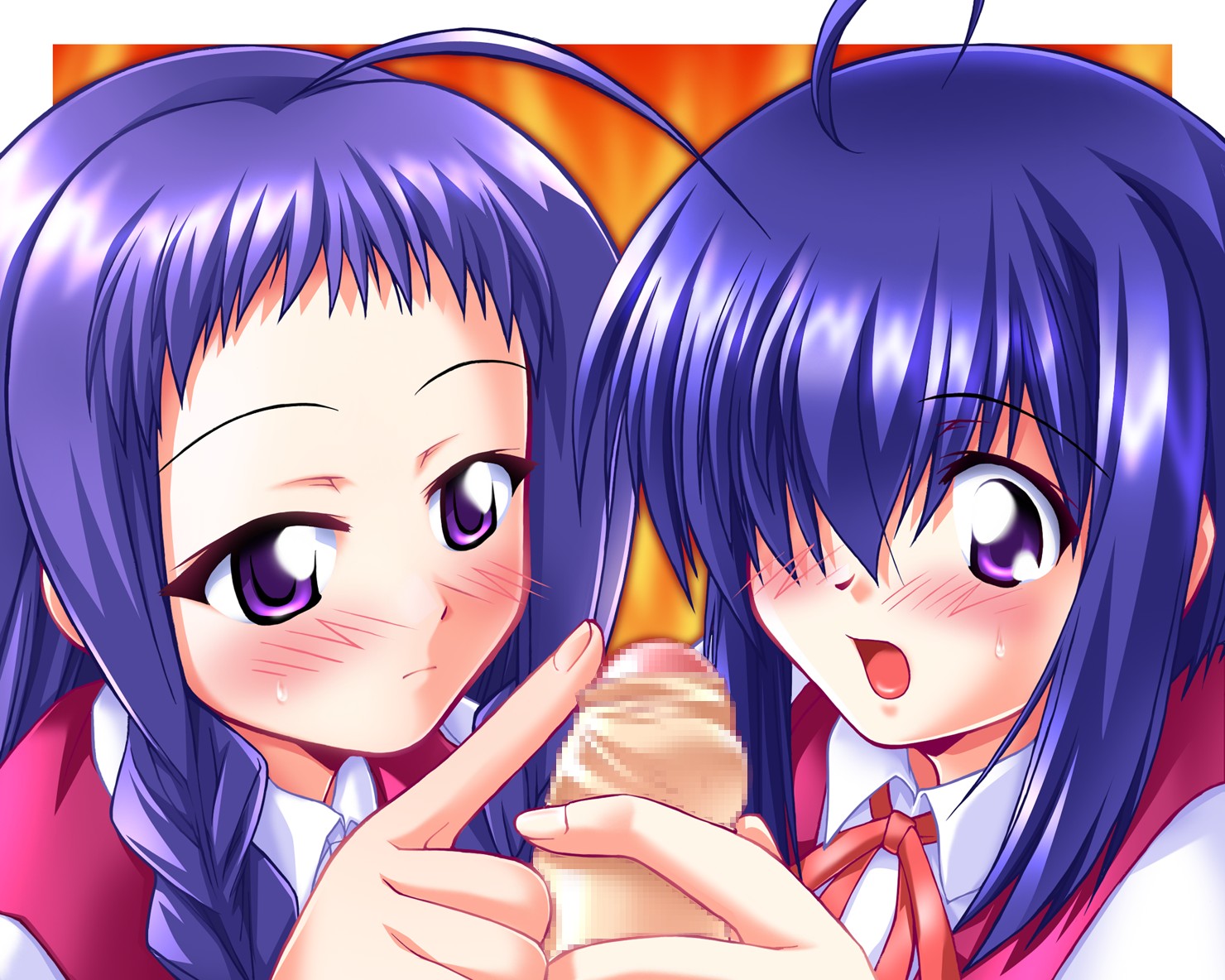 studio sunadokei, ayase yue, miyazaki nodoka, mahou sensei negima!, 00s, 2girls, ahoge, blush, braid, censored, hair over one eye, handjob, multiple girls, open mouth, penis, purple eyes, purple hair, school uniform, sweat