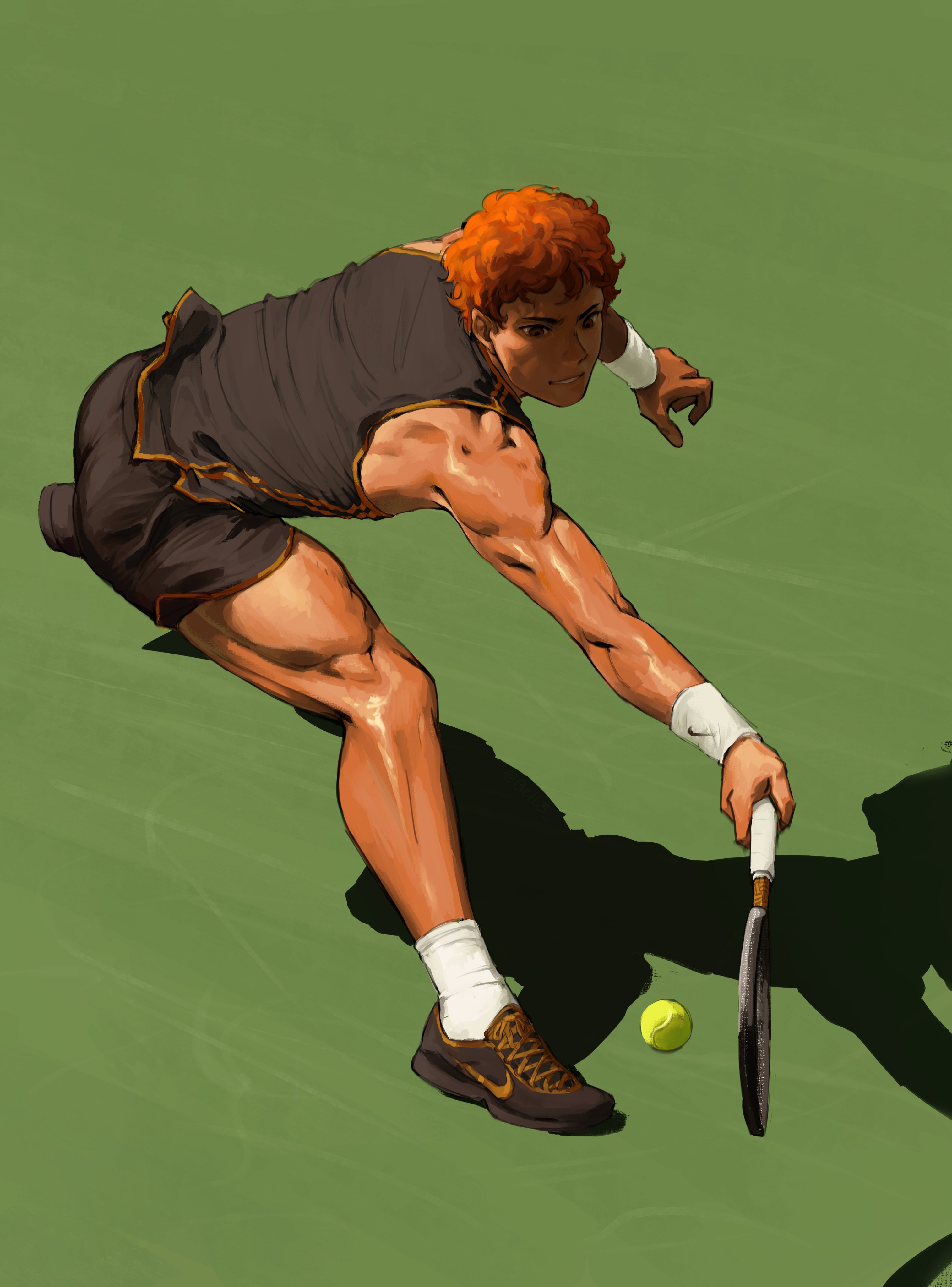 hinata shouyou, haikyuu!!, nike (company), absurdres, commentary, english commentary, highres, 1boy, alternate costume, ball, beil3, black shorts, full body, male focus, orange eyes, orange hair, racket, shadow, shiny skin, shorts, sleeveless, solo, sportswear, tennis, tennis ball, tennis racket, tennis uniform, thighs, toned, toned male