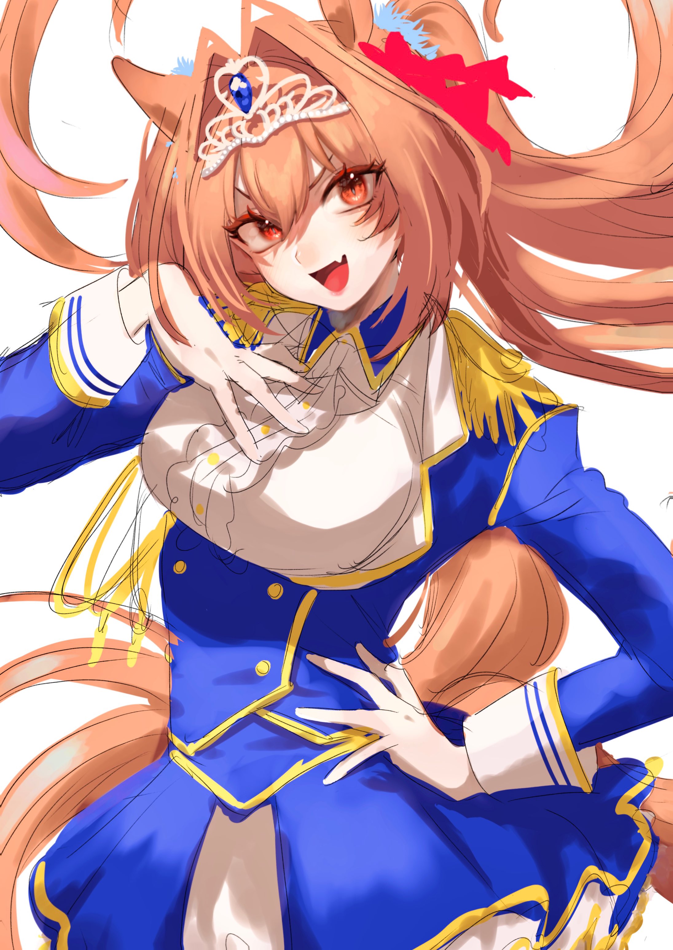 sarachi (sara dayluv), daiwa scarlet (umamusume), umamusume, absurdres, highres, unfinished, 1girl, animal ears, blue jacket, blue skirt, breasts, brown hair, center frills, epaulettes, fang, floating hair, frills, hair between eyes, hair intakes, hand on own chest, hand on own hip, horse ears, horse girl, horse tail, jacket, juliet sleeves, long sleeves, looking at viewer, medium breasts, open mouth, puffy sleeves, red eyes, shirt, skin fang, skirt, smile, solo, tail, tiara, upper body, v-shaped eyebrows, white shirt