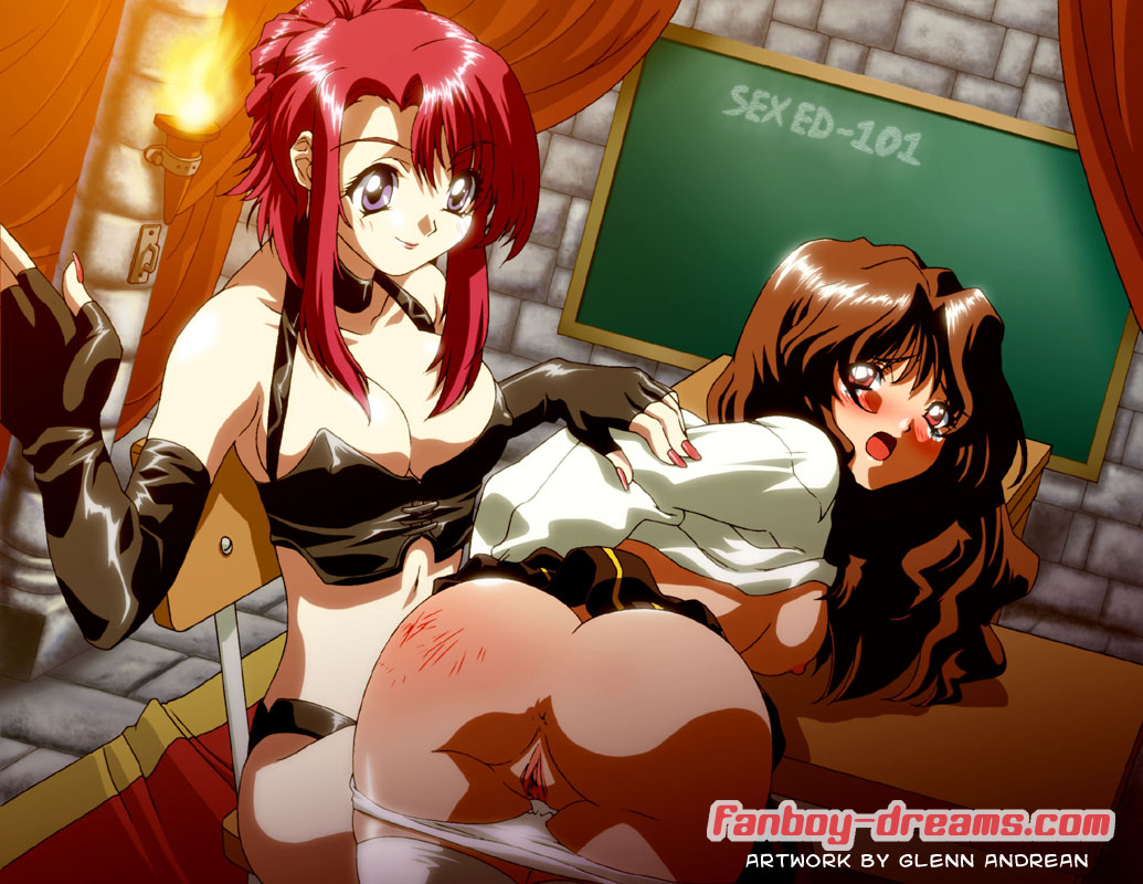 glenn andrean, kazami mizuho, morino ichigo, onegai teacher, long nails, 2girls, anus, ass, bdsm, blush, bondage, breasts, brown hair, classroom, cleavage, demonstration, dominatrix, elbow gloves, femdom, fingernails, gloves, leather, midriff, multiple girls, ponytail, pussy, red hair, school uniform, sex ed, spanked, teacher, teacher and student, tears, uncensored, yuri