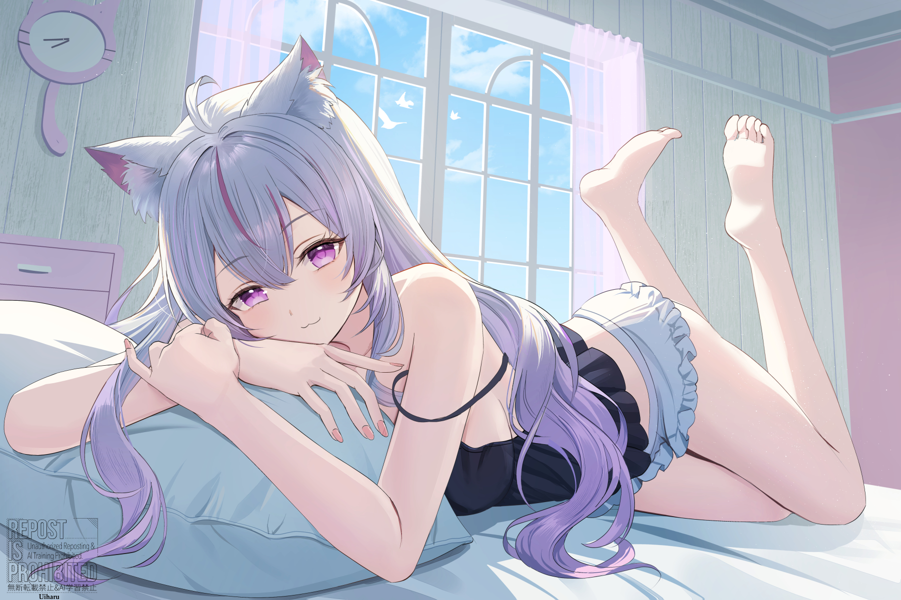 nakaneabura8623, nekoyama mia (vtuber), indie virtual youtuber, highres, :3, animal ear fluff, animal ears, backlighting, bare legs, bare shoulders, barefoot, black camisole, breasts, camisole, cat ears, cat girl, clock, gradient hair, grey hair, indoors, long hair, looking at viewer, lying, multicolored hair, on bed, on stomach, pillow, purple eyes, purple hair, shorts, sideboob, sleeveless, soles, spaghetti strap, strap slip, streaked hair, sunlight, toes, virtual youtuber, watermark, white shorts, window