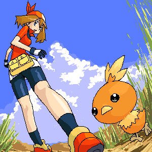 may (pokemon), torchic, nintendo, pokemon, lowres, 1girl, bandana, bike shorts, blue eyes, breasts, brown hair, female focus, gen 3 pokemon, gloves, grass, hair between eyes, jacket, looking at viewer, looking back, looking down, oekaki, pokemon (creature), red bandana, red jacket, shoes, short shorts, short sleeves, shorts, shorts under shorts, sky, solo, spandex, standing, walking away, white shorts