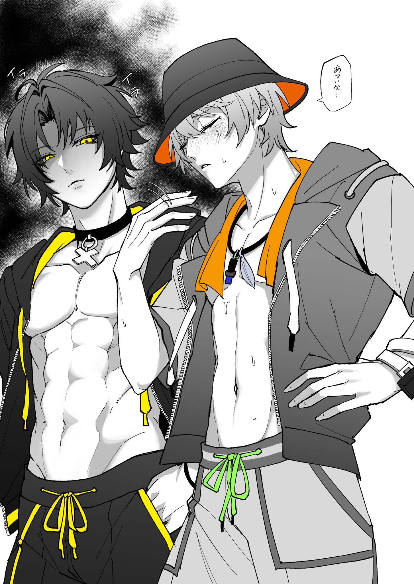 moz ez365, asaba harumasa, wise (zenless zone zero), zenless zone zero, commentary request, highres, 2boys, abs, antenna hair, black choker, black hat, black jacket, black shorts, blush, choker, closed eyes, closed mouth, cowboy shot, fingernails, green ribbon, hair between eyes, hand in pocket, hand on own hip, hand up, hat, hooded shirt, hot, jacket, jewelry, long sleeves, looking at viewer, male focus, multiple boys, muscular, muscular male, navel, necklace, open clothes, open jacket, open shirt, orange hat, parted bangs, partially colored, pectorals, ribbon, shaded face, short hair, short sleeves, shorts, speech bubble, standing, sweat, teeth, towel, towel around neck, two-sided fabric, two-sided headwear, two-sided jacket, two-tone background, yellow eyes, yellow jacket, yellow ribbon