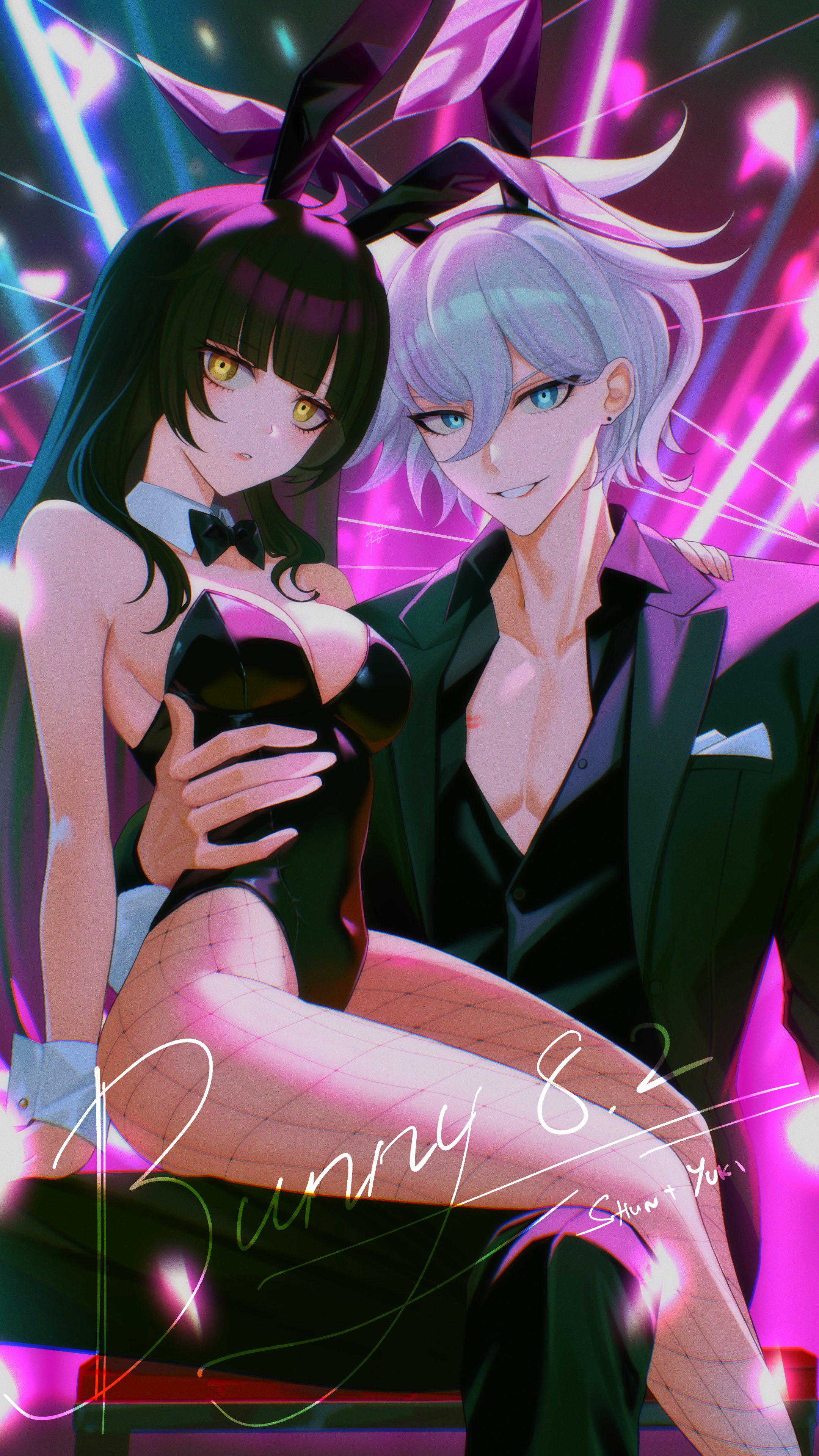 hira icigocha, tribe nine, absurdres, commentary, english commentary, highres, 1boy, 1girl, animal ears, black hair, black jacket, black leotard, black pants, black shirt, blue eyes, blunt bangs, breast pocket, bunny day, character name, dated, detached collar, earrings, fake animal ears, fishnet pantyhose, fishnets, hand on another's shoulder, hand on another's waist, jacket, jewelry, kamiya shun, leotard, long hair, oc x canon, open clothes, open jacket, pants, pantyhose, pocket, rabbit ears, shirt, short hair, sitting, sitting on lap, sitting on person, smile, teeth, white hair, wrist cuffs, yellow eyes
