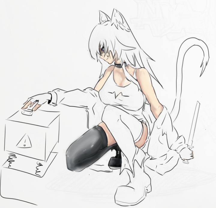 vivid dead, non-web source, animal ears, black hair, cat ears, cat girl, cat tail, knife, tail