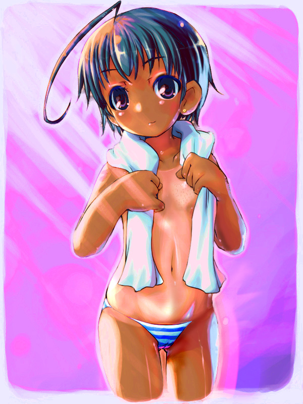 ahoge, blue hair, dark skin, loli, no bra, panties, striped clothes, striped panties, tan, tanline, towel, underwear, water