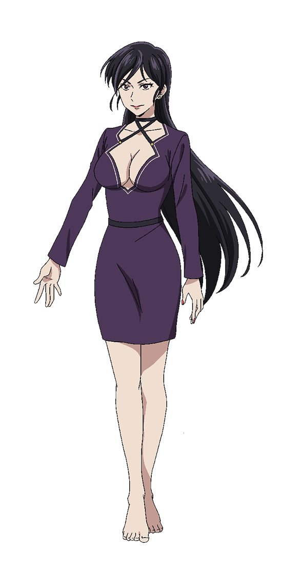 official art, 1girl, ai (touhai), anezaki sayaka, anime coloring, barefoot, belt, black belt, black hair, breasts, cleavage, cleavage cutout, clothing cutout, collarbone, dress, full body, large breasts, lips, long hair, long sleeves, looking at viewer, nail polish, open hands, piercing, purple dress, purple eyes, red nails, shoulder cutout, simple background, solo, standing, touhai, transparent background, v-shaped eyebrows, very long hair