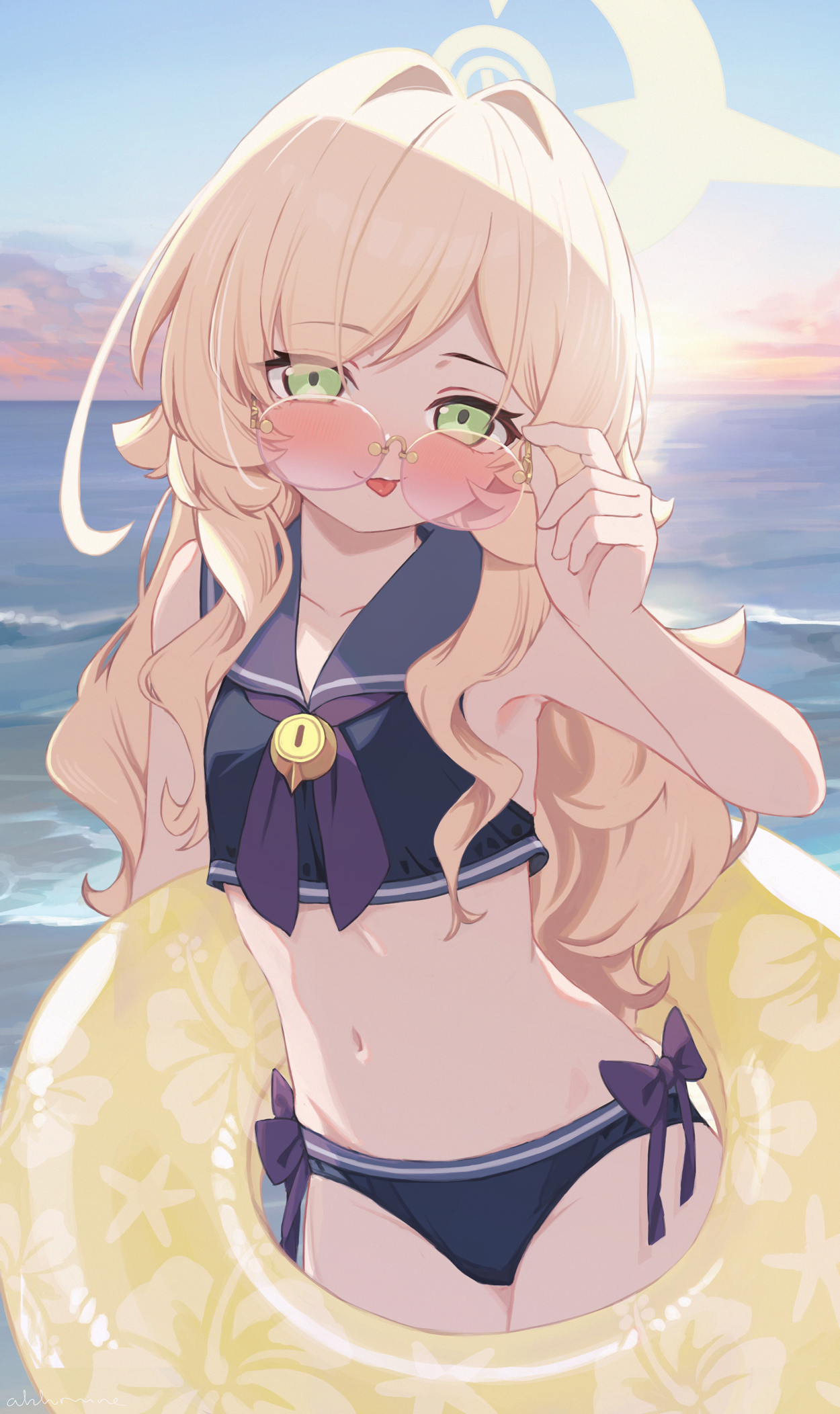 anocco, professor niyaniya (blue archive), blue archive, fluffy hair, commentary request, highres, 1girl, beach, bikini, blonde hair, blue bikini, blush, bow, bow bikini, breasts, cowboy shot, day, evening, floral print, green eyes, halo, innertube, long hair, looking at viewer, navel, neckerchief, ocean, orange-tinted eyewear, outdoors, purple bow, purple neckerchief, sailor bikini, sailor collar, side ahoge, sky, small breasts, smile, solo, standing, sunglasses, swim ring, swimsuit, tinted eyewear, tongue, tongue out, water, yellow halo, yellow innertube