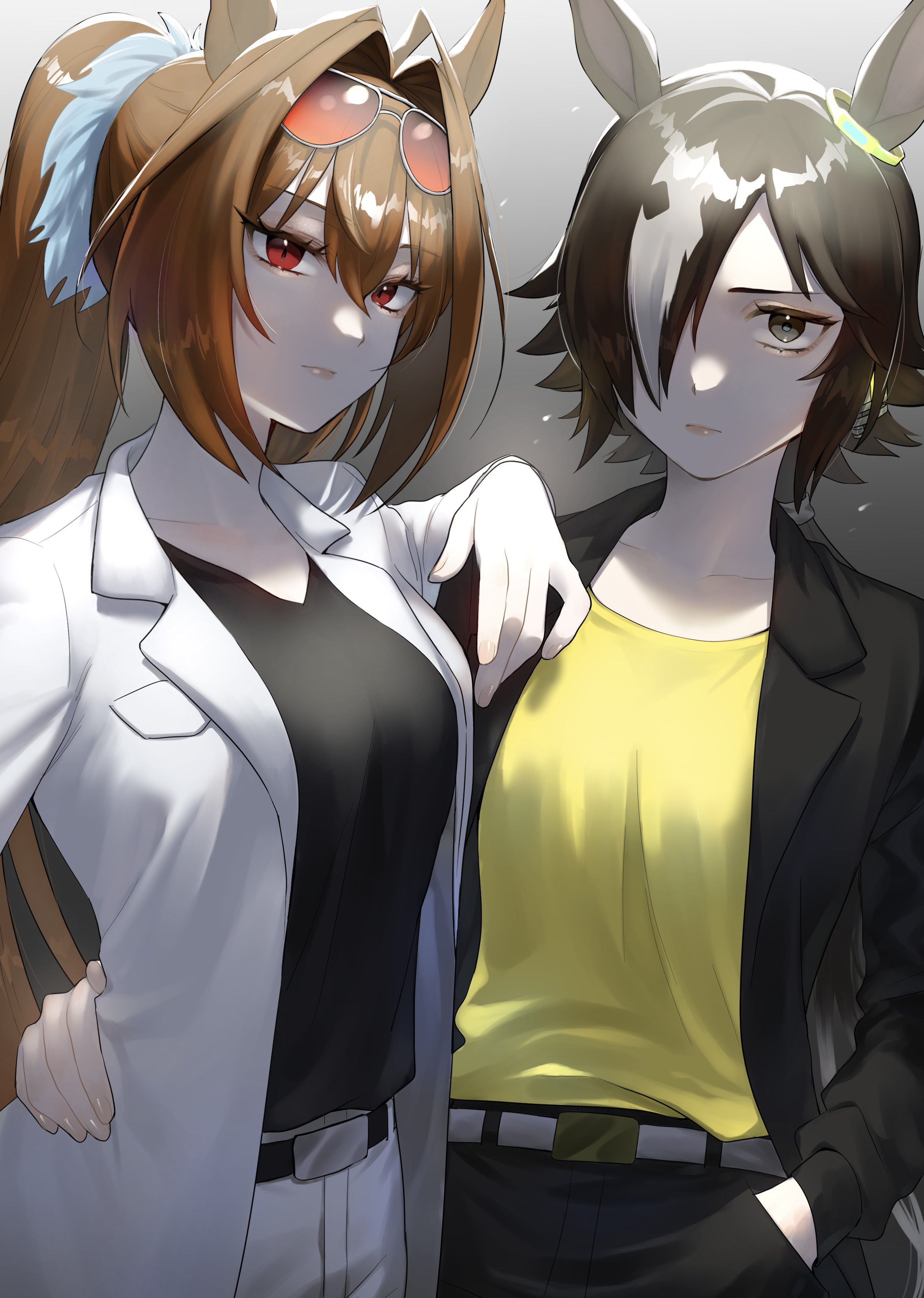 sarachi (sara dayluv), daiwa scarlet (umamusume), vodka (umamusume), umamusume, umayuru, absurdres, highres, 2girls, animal ears, arm on another's shoulder, belt, black jacket, black pants, black shirt, breasts, brown eyes, brown hair, closed mouth, ear ornament, eyewear on head, hair intakes, hair over one eye, hand in pocket, hand on another's waist, horse ears, jacket, long hair, long sleeves, looking at viewer, medium breasts, multicolored hair, multiple girls, open clothes, open jacket, pants, red eyes, shirt, shirt tucked in, small breasts, streaked hair, sunglasses, twintails, white pants, yellow shirt