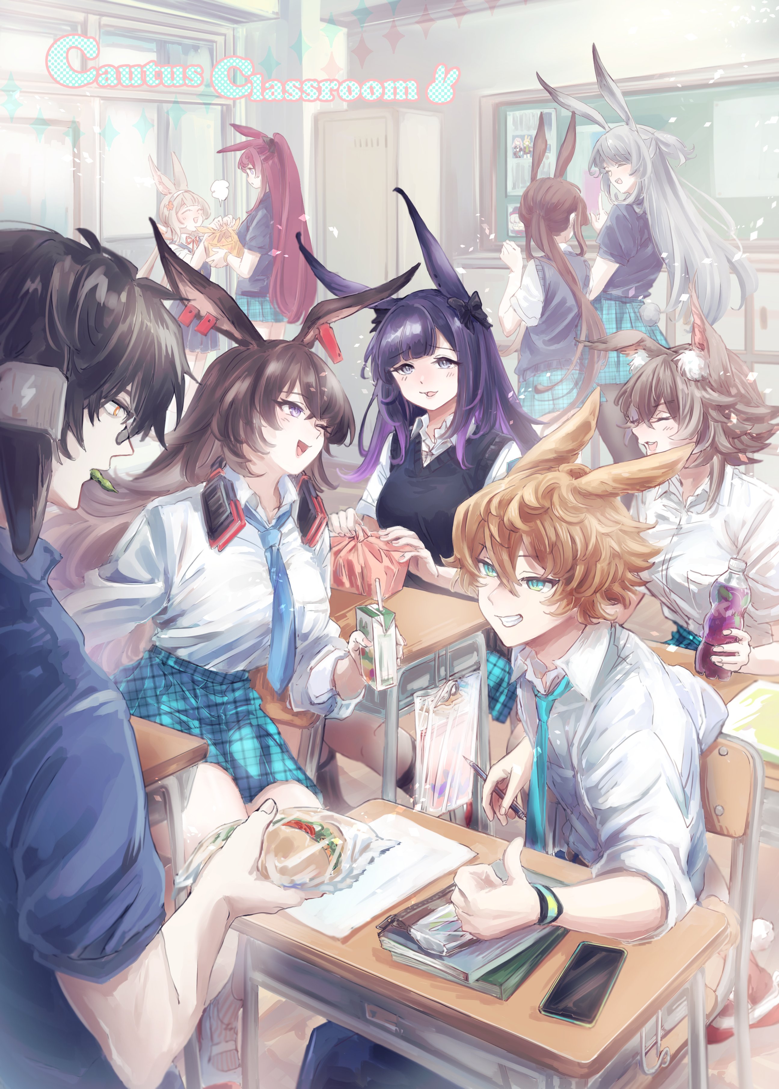 misago33695466, amiya (arknights), april (arknights), ayerscarpe (arknights), caper (arknights), leonhardt (arknights), ray (arknights), rope (arknights), savage (arknights), warmy (arknights), arknights, absurdres, highres, 2boys, 6+girls, animal ears, black hair, black sweater vest, blonde hair, blue eyes, blue necktie, blue shirt, blue skirt, bottle, breasts, brown hair, cellphone, classroom, closed eyes, collared shirt, desk, food, grey hair, large breasts, long hair, multiple boys, multiple girls, necktie, open mouth, phone, pink hair, plaid clothes, plaid skirt, ponytail, purple eyes, purple hair, rabbit boy, rabbit ears, rabbit girl, sandwich, school desk, school uniform, shirt, short hair, short sleeves, skirt, sleeves rolled up, smartphone, sweater vest, white shirt, yellow eyes