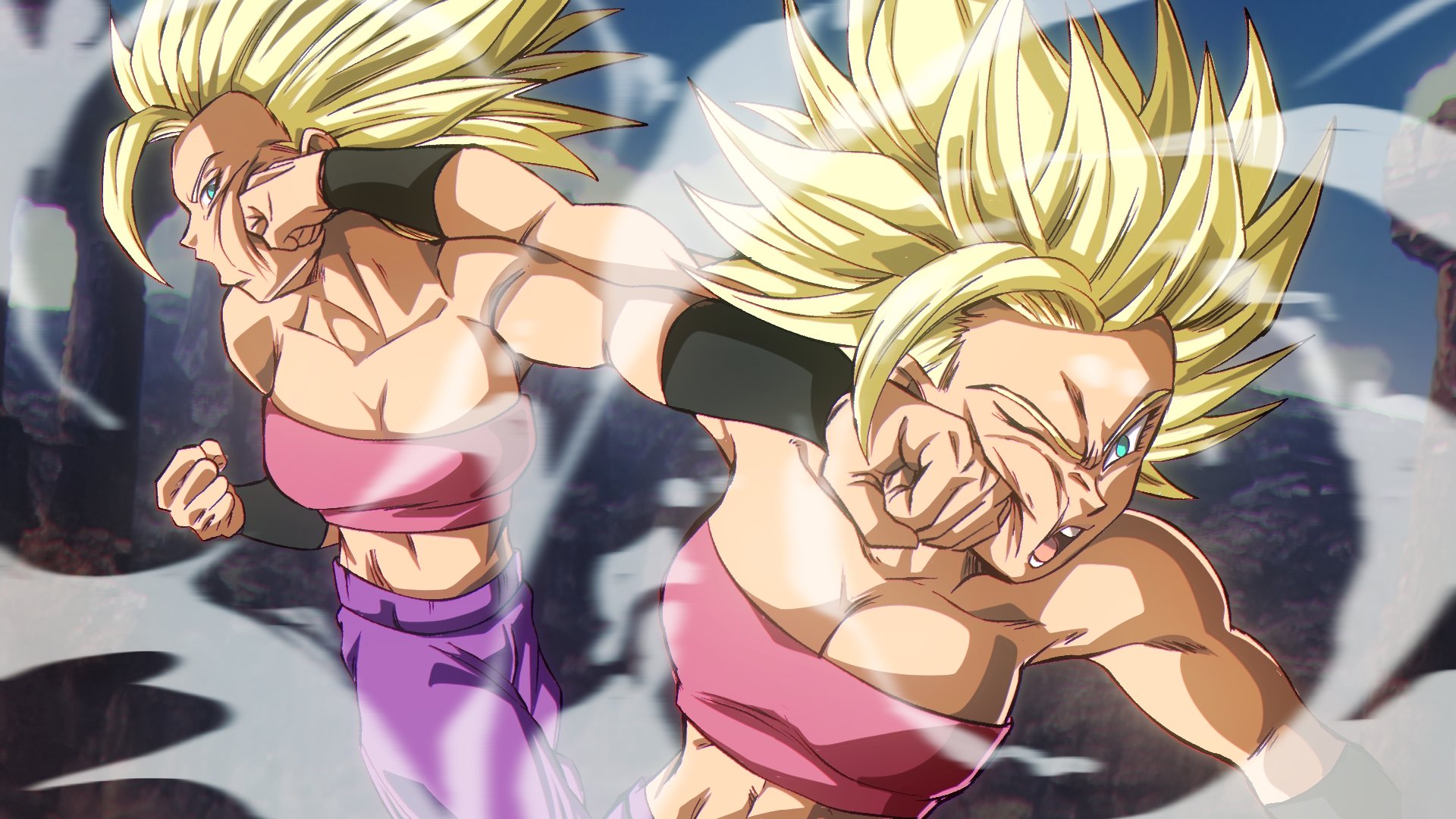 arii me05, dragon ball, dragon ball super, highres, 2girls, bare shoulders, blonde hair, breasts, cleavage, clenched hands, large breasts, midriff, multiple girls, one eye closed, pants, pink tube top, punching, purple pants, spiked hair, strapless, super saiyan, tube top