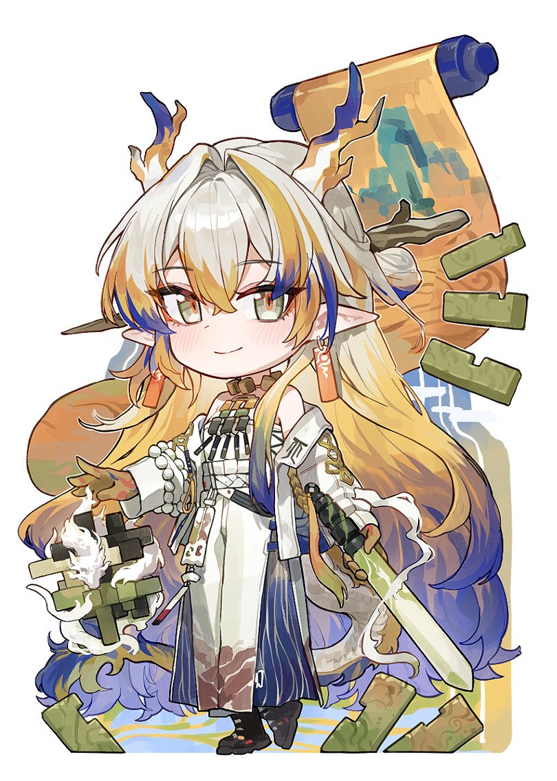 kokukyukeo, shu (arknights), arknights, 1girl, bare shoulders, bell-bottoms, black shoes, blonde hair, blonde streaks, blue horns, blue streaks, blue tail, bow, chibi, choker, colored extremities, colored skin, colored tips, crossed bangs, double-parted bangs, dragon girl, earrings, eastern dragon horns, eastern dragon tail, full body, gradient hair, green eyes, hair between eyes, hair bow, hair branch, hair intakes, hair ornament, hair stick, holding, holding sword, holding weapon, horns, jacket, jewelry, long hair, long sleeves, multicolored hair, multicolored horns, multicolored tail, off shoulder, pants, pointy ears, puzzle, red pupils, ribbon earrings, scroll, shoes, solo, strapless, sword, tail, tube top, very long hair, weapon, white hair, white horns, white jacket, white pants, white tail, white tube top, yellow hands, yellow horns, yellow tail