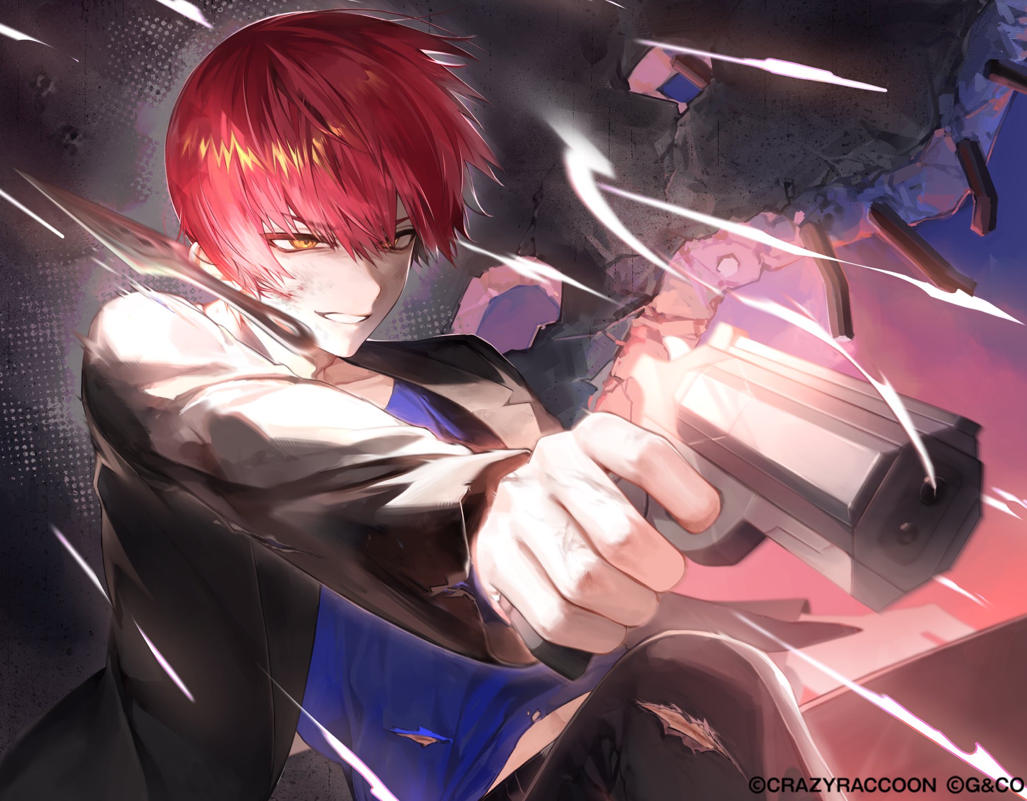 agenasumiso51, cpt (crazy raccoon), crazy raccoon, highres, official art, 1boy, aiming, black jacket, blue shirt, copyright notice, gun, handgun, holding, holding gun, holding weapon, jacket, kunai, long sleeves, male focus, open clothes, open jacket, parted lips, red hair, shirt, short hair, solo, torn clothes, upper body, weapon, yellow eyes