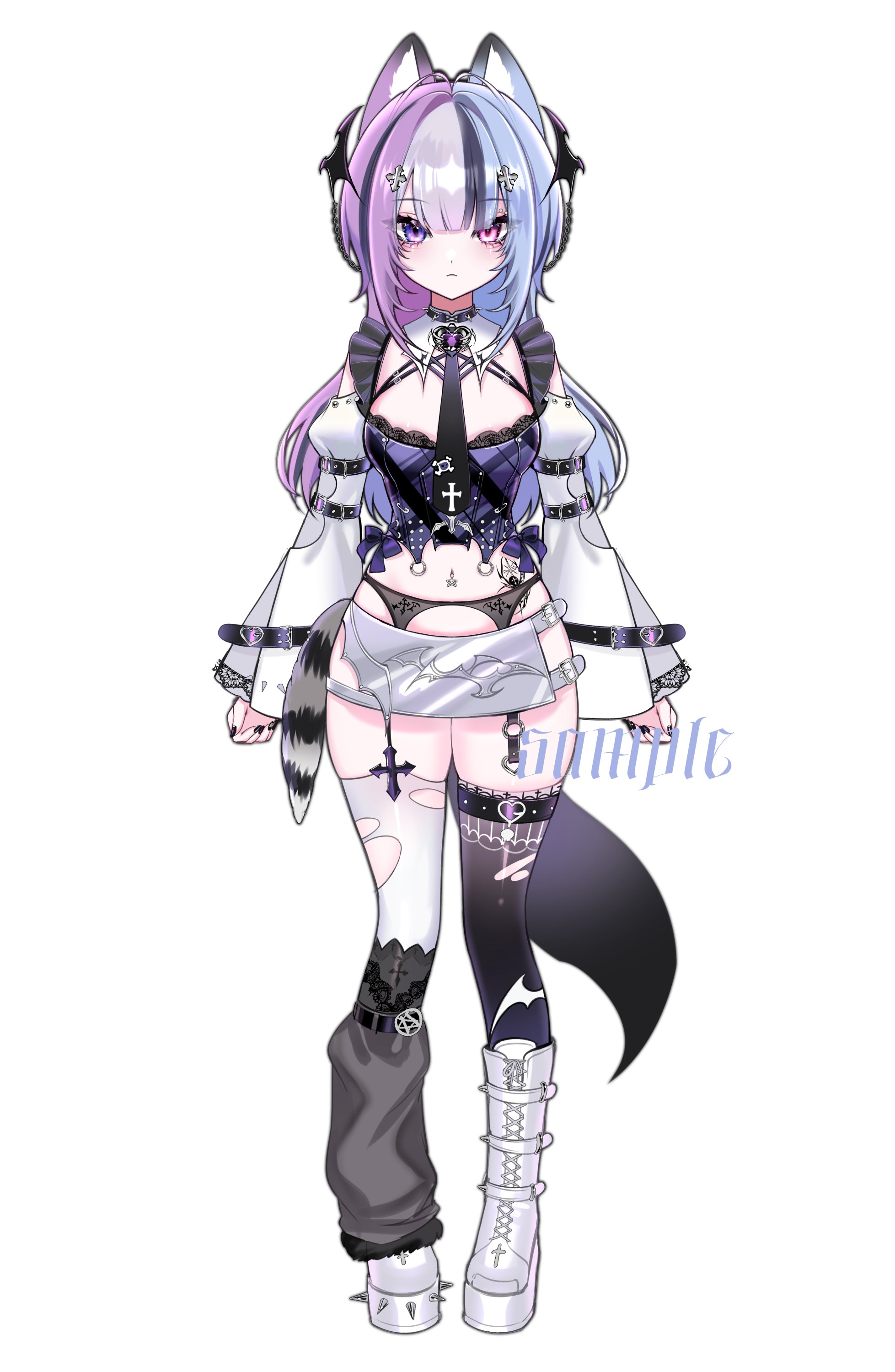 saga666, original, absurdres, commentary, english commentary, highres, 1girl, aegyo sal, animal ear fluff, animal ears, asymmetrical legwear, black leg warmers, black nails, black necktie, black streaks, black thighhighs, blue hair, boots, breasts, cat ears, cat girl, cat tail, closed mouth, cross, cross hair ornament, cross print, double-parted bangs, full body, gem, grey skirt, hair ornament, heterochromia, lace-up boots, leg warmers, long hair, long sleeves, looking at viewer, miniskirt, mismatched legwear, multicolored hair, nail polish, navel, navel piercing, necktie, piercing, pink eyes, purple eyes, purple gemstone, purple hair, purple shirt, sample watermark, shirt, simple background, single leg warmer, skirt, sleeves past wrists, small breasts, solo, straight-on, streaked hair, tail, thighhighs, torn clothes, torn thighhighs, watermark, white background, white boots, white thighhighs