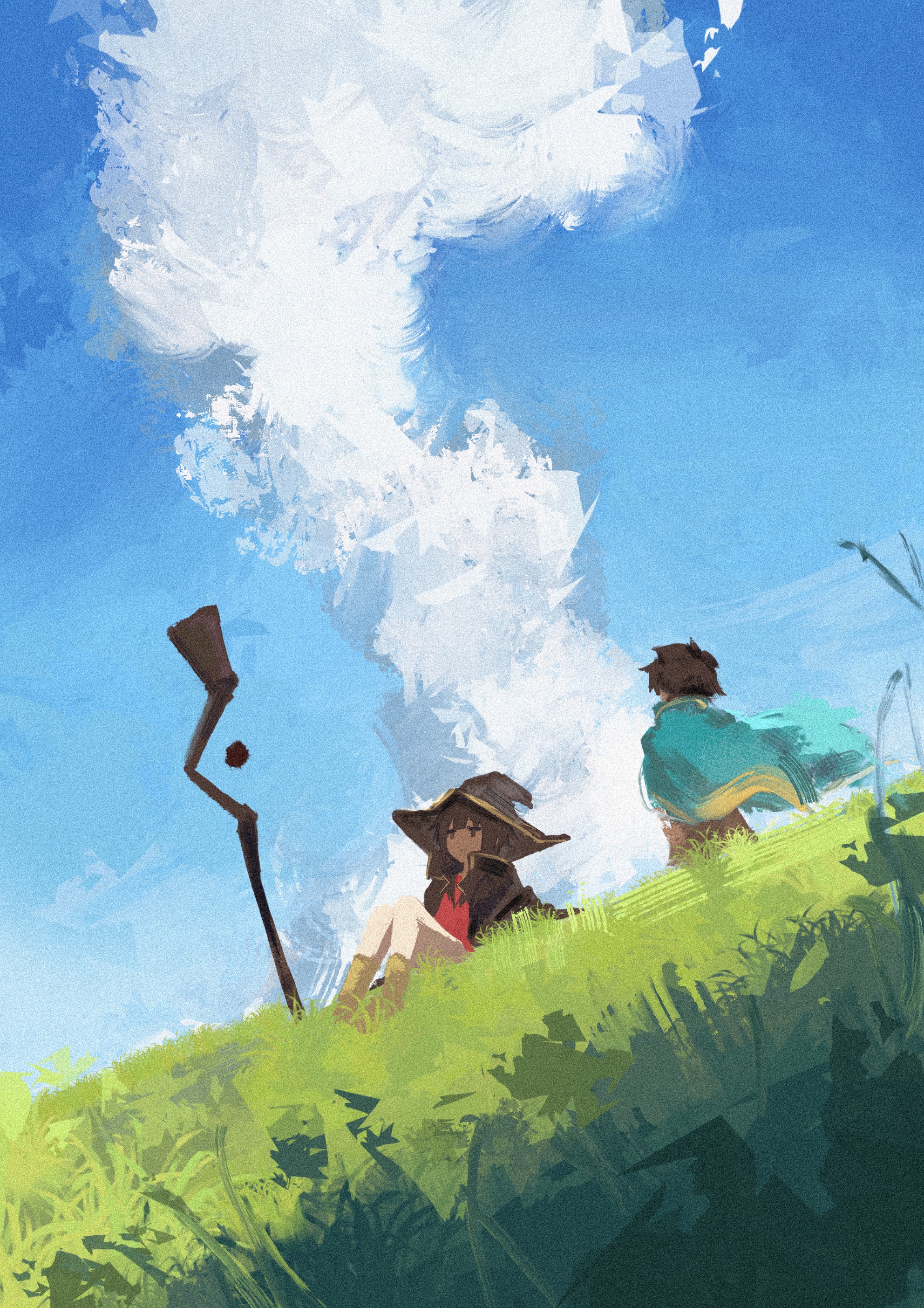 koukouya, megumin, satou kazuma, kono subarashii sekai ni shukufuku wo!, absurdres, commentary request, highres, 1boy, 1girl, blue sky, brown hair, brown hat, capelet, center-flap bangs, day, dress, faux traditional media, grass, green capelet, hat, looking afar, looking ahead, mage staff, outdoors, paintbrush, painterly, red dress, short hair, short hair with long locks, sidelocks, sitting, sky, smoke, witch hat