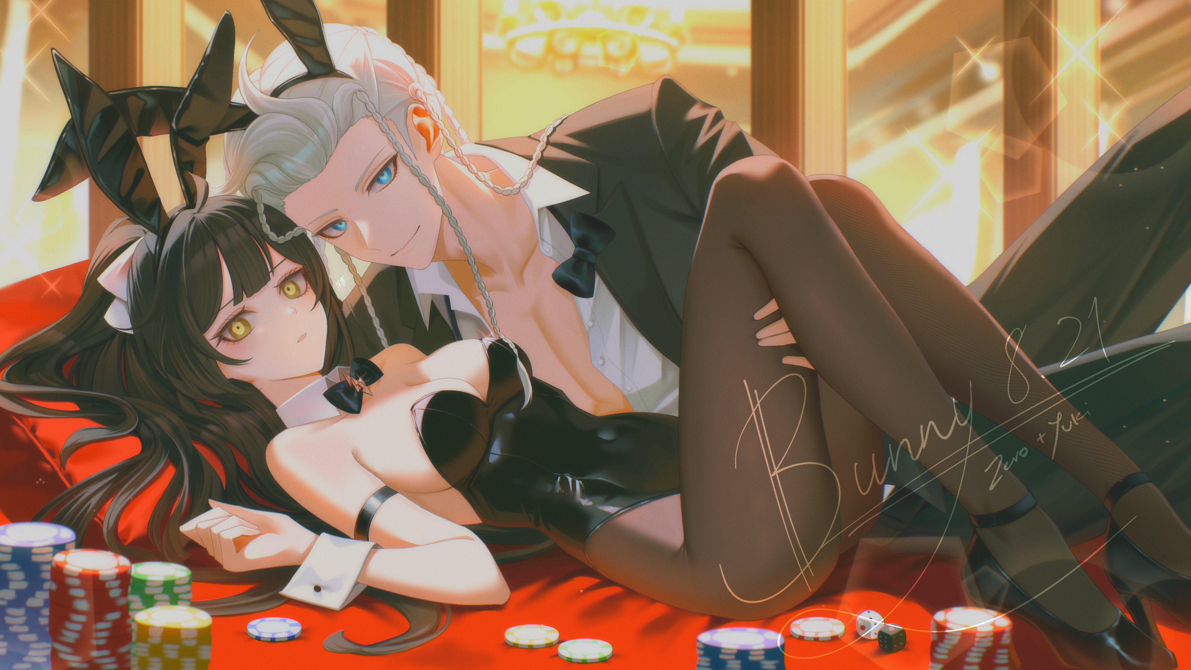 hira icigocha, tribe nine, absurdres, highres, 1boy, 1girl, animal ears, black bow, black bowtie, black jacket, black leotard, black pants, black shoes, blue eyes, bow, bowtie, braid, brown hair, brown pantyhose, bunny day, chandelier, character name, dated, detached collar, fake animal ears, grey hair, hand on another's leg, high heels, indoors, jacket, leotard, long hair, multiple braids, oc x canon, pants, pantyhose, parted lips, partially unbuttoned, pillow, poker chip, ponytail, rabbit ears, shoes, smile, wrist cuffs, yellow eyes, zero (tribe nine)