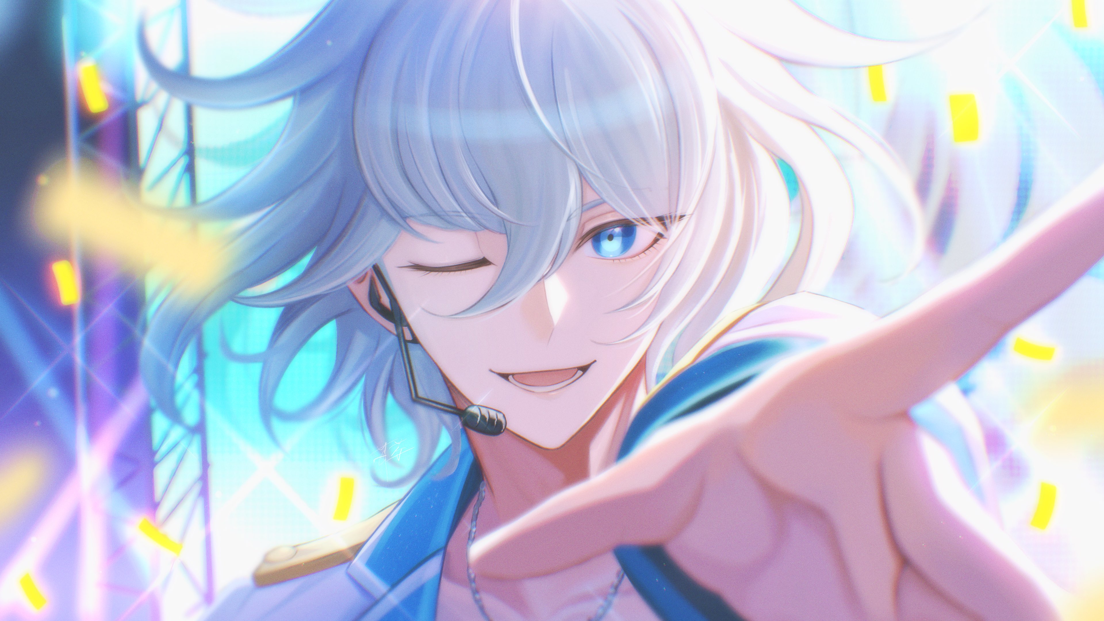 hira icigocha, tribe nine, absurdres, commentary, english commentary, highres, 1boy, blue eyes, confetti, earpiece, hair between eyes, idol, jacket, jewelry, kamiya shun, lower teeth only, male focus, necklace, one eye closed, outstretched arm, portrait, reaching, reaching towards viewer, short hair, smile, solo, stage, teeth, white hair, white jacket