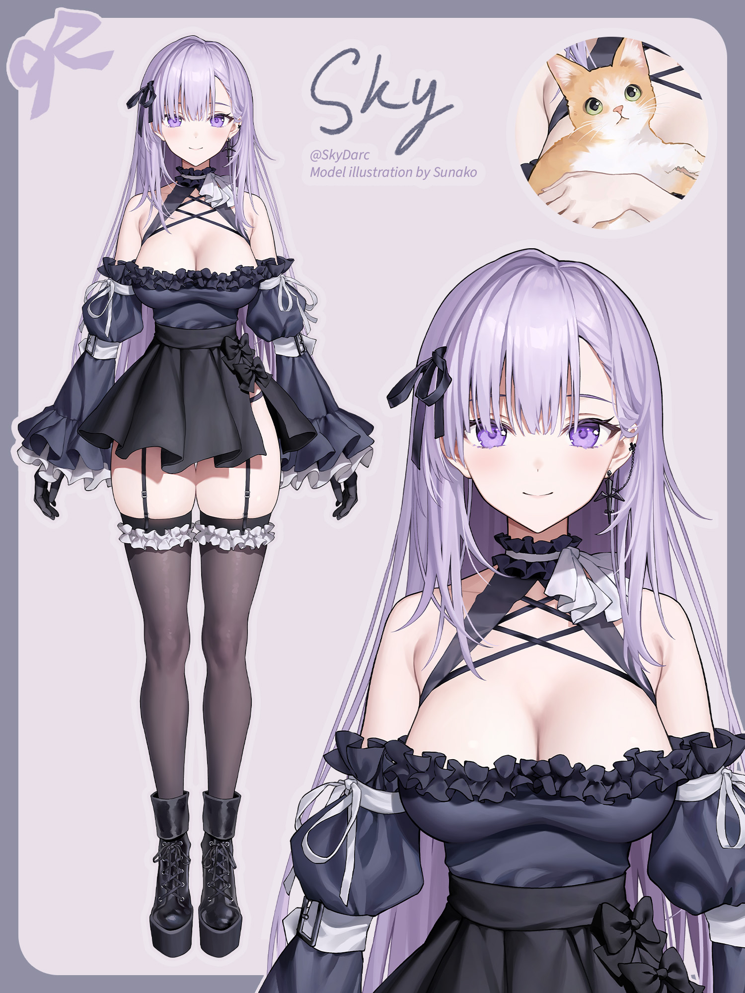 sunako (veera), skydarc (vtuber), indie virtual youtuber, highres, 1girl, black boots, black thighhighs, boots, breasts, cleavage, dark skin, dress, full body, garter straps, large breasts, long hair, multiple views, pink background, purple eyes, purple hair, short dress, simple background, strapless, strapless dress, thighhighs, upper body, virtual youtuber