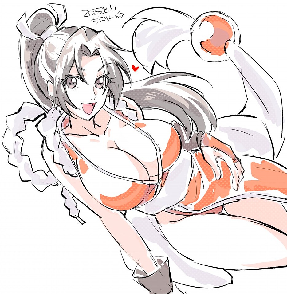 yanada kiyorin, shiranui mai, fatal fury, the king of fighters, commentary request, 1girl, bare shoulders, black hair, breasts, brown eyes, cleavage, collarbone, dated, feet out of frame, hair ornament, heart, high ponytail, large breasts, long hair, looking at viewer, motoyui, ninja, open mouth, parted bangs, ponytail, revealing clothes, rope, sash, simple background, solo, thigh gap, thighs, white background, white sash