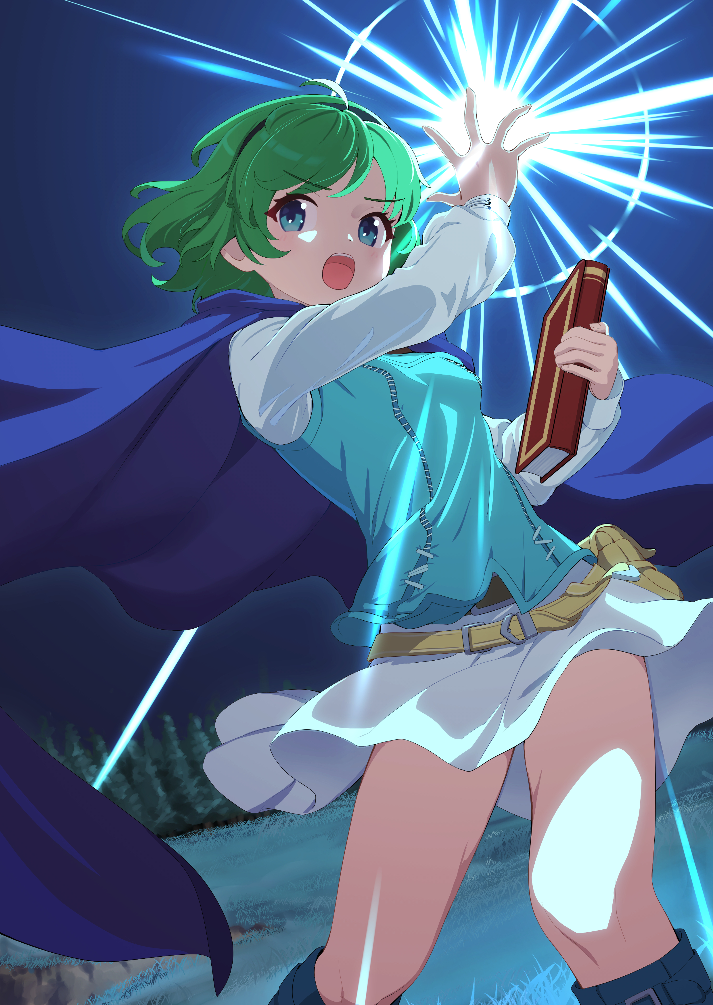 shrimp1634, nino (fire emblem), fire emblem, fire emblem: the blazing blade, nintendo, absurdres, commission, highres, pixiv commission, 1girl, :o, belt, belt pouch, bloom, blue eyes, blue vest, book, boots, breasts, cape, cloak, green hair, hairband, holding, holding book, long sleeves, looking at viewer, magic, night, open mouth, outdoors, pouch, shirt, short hair, skirt, small breasts, solo, thighs, vest, white shirt, white skirt