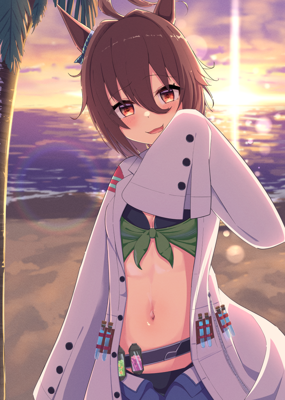 snowpict, agnes tachyon (lunatic lab) (umamusume), agnes tachyon (umamusume), umamusume, commentary request, highres, textless version, 1girl, ahoge, alternate eye color, animal ears, bare shoulders, bikini, black bikini, black gloves, blush, border, breasts, brown eyes, brown hair, cleavage, coat, criss-cross halter, denim, denim shorts, flask, gloves, green jacket, hair between eyes, halterneck, horse ears, horse girl, horse tail, jacket, lab coat, long sleeves, looking at viewer, medium breasts, messy hair, navel, official alternate costume, official alternate hairstyle, open fly, open mouth, ponytail, round-bottom flask, short hair, short ponytail, shorts, single bare shoulder, smile, solo, sunset, swimsuit, tail, test tube, undressing, white border, white coat