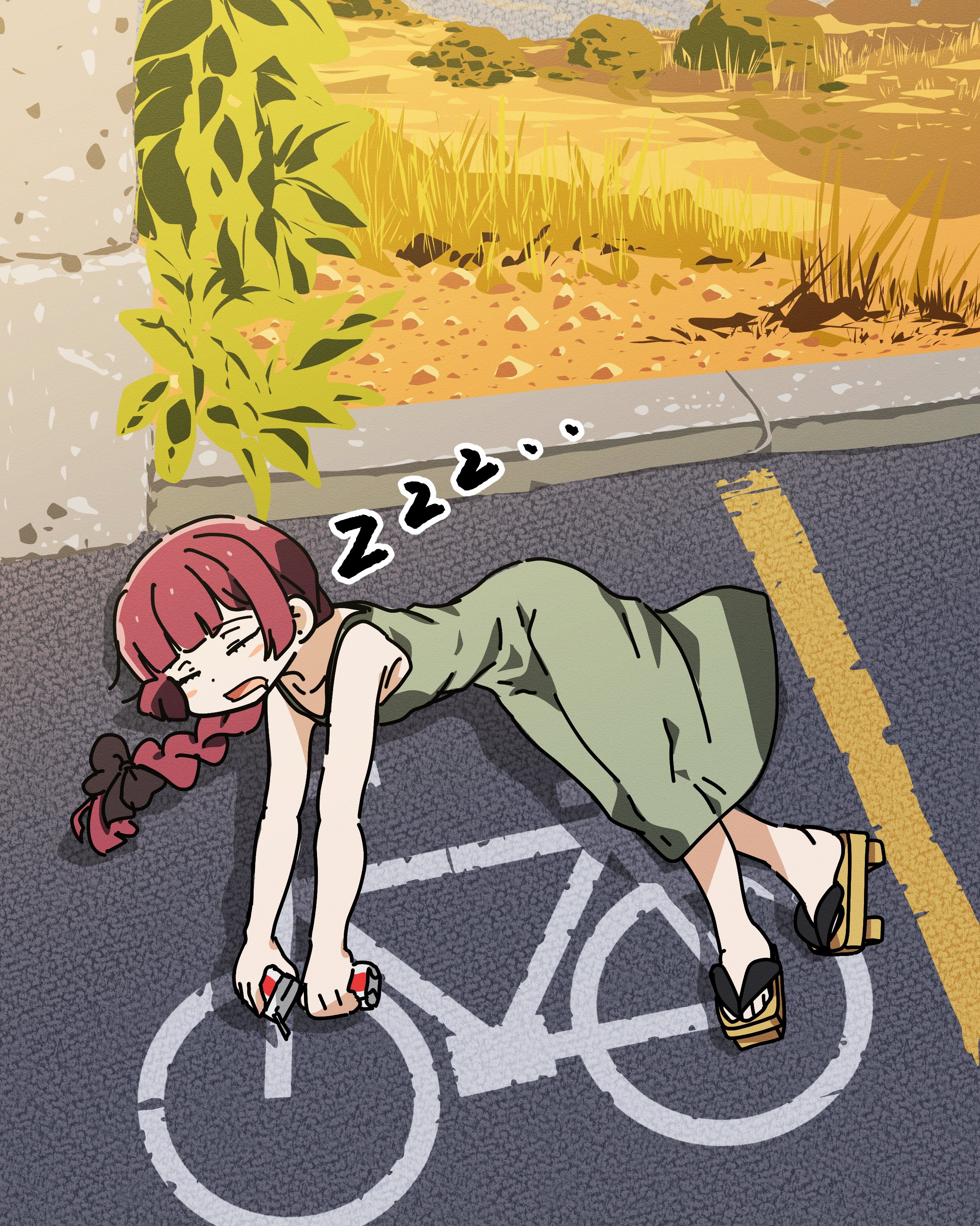 goumonsha, hiroi kikuri, bocchi the rock!, absurdres, commentary, english commentary, highres, 1girl, black bow, blunt bangs, bow, braid, closed eyes, day, dress, drink, drooling, geta, grass, green dress, hair bow, holding, holding drink, lying, mouth drool, on ground, on side, open mouth, outdoors, outstretched arms, plant, red hair, road, side braid, single braid, sleeveless, sleeveless dress, solo, street, zzz