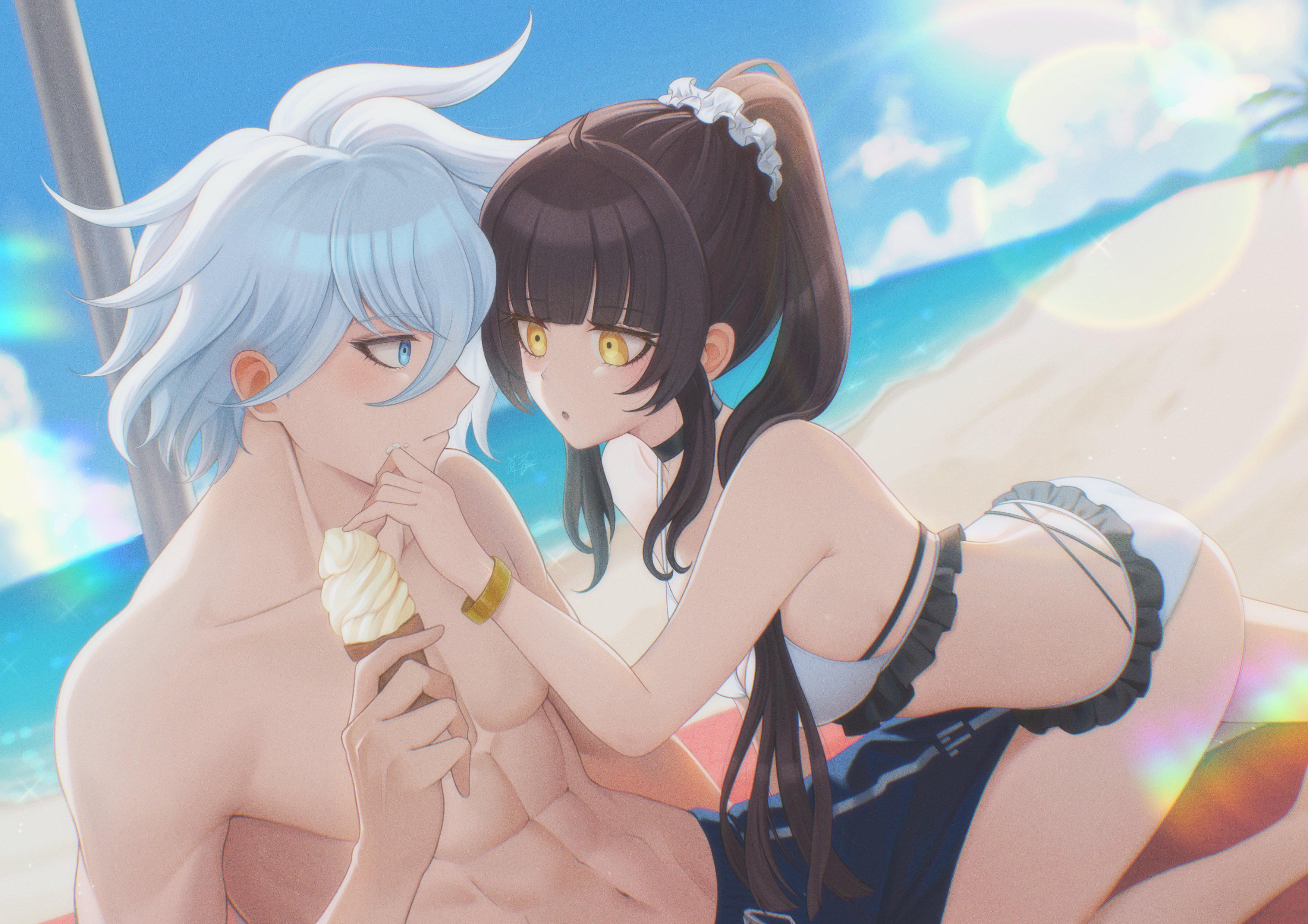 hira icigocha, tribe nine, absurdres, commentary, english commentary, highres, 1boy, 1girl, abs, beach, beach towel, bikini, black choker, blue eyes, blue shorts, blue sky, bracelet, brown hair, choker, cloud, collarbone, gold bracelet, holding, holding ice cream cone, ice cream cone, jewelry, kamiya shun, lens flare, long hair, looking at another, male swimwear, mountainous horizon, navel, oc x canon, ocean, outdoors, parted lips, ponytail, shore, short hair, shorts, sky, swim trunks, swimsuit, towel, white bikini, white hair, yellow eyes