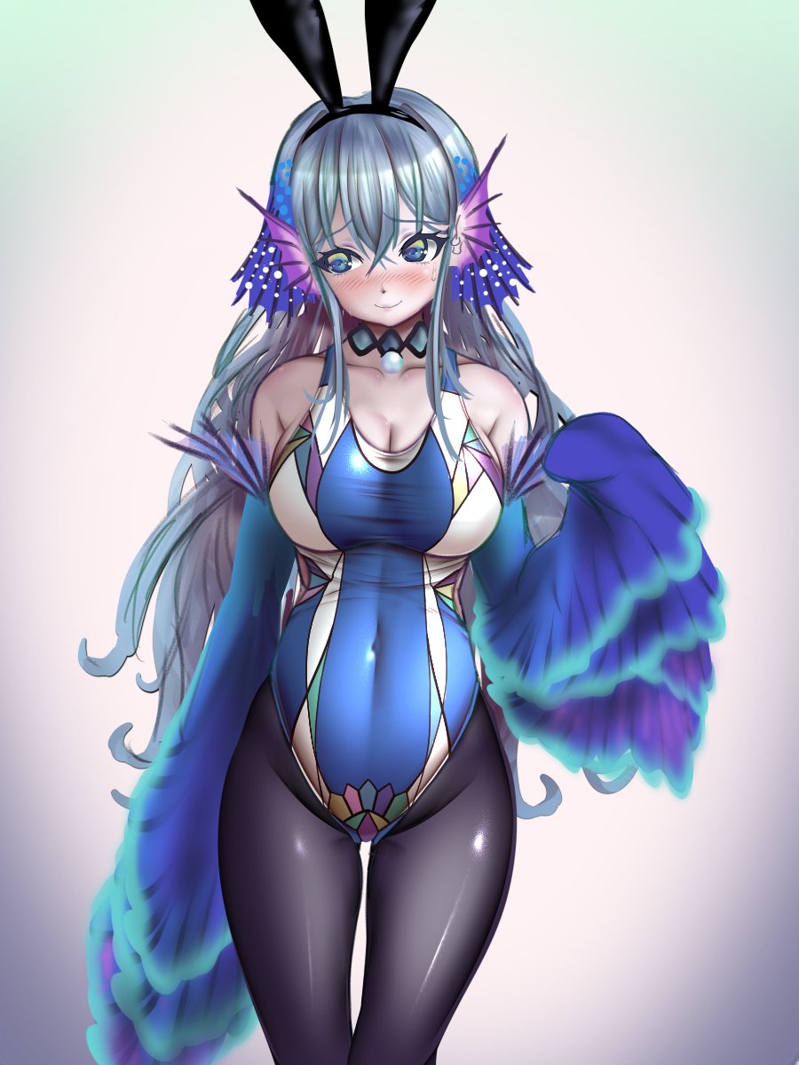 kamimon (schwarzkap), yu-gi-oh!, character request, highres, 1girl, animal ears, bare shoulders, black pantyhose, blue eyes, blue leotard, blue sleeves, breasts, cleavage, cowboy shot, detached sleeves, duel monster, fake animal ears, grey background, grey hair, large breasts, leotard, pantyhose, rabbit ears, simple background, sleeves past wrists, solo, wide sleeves