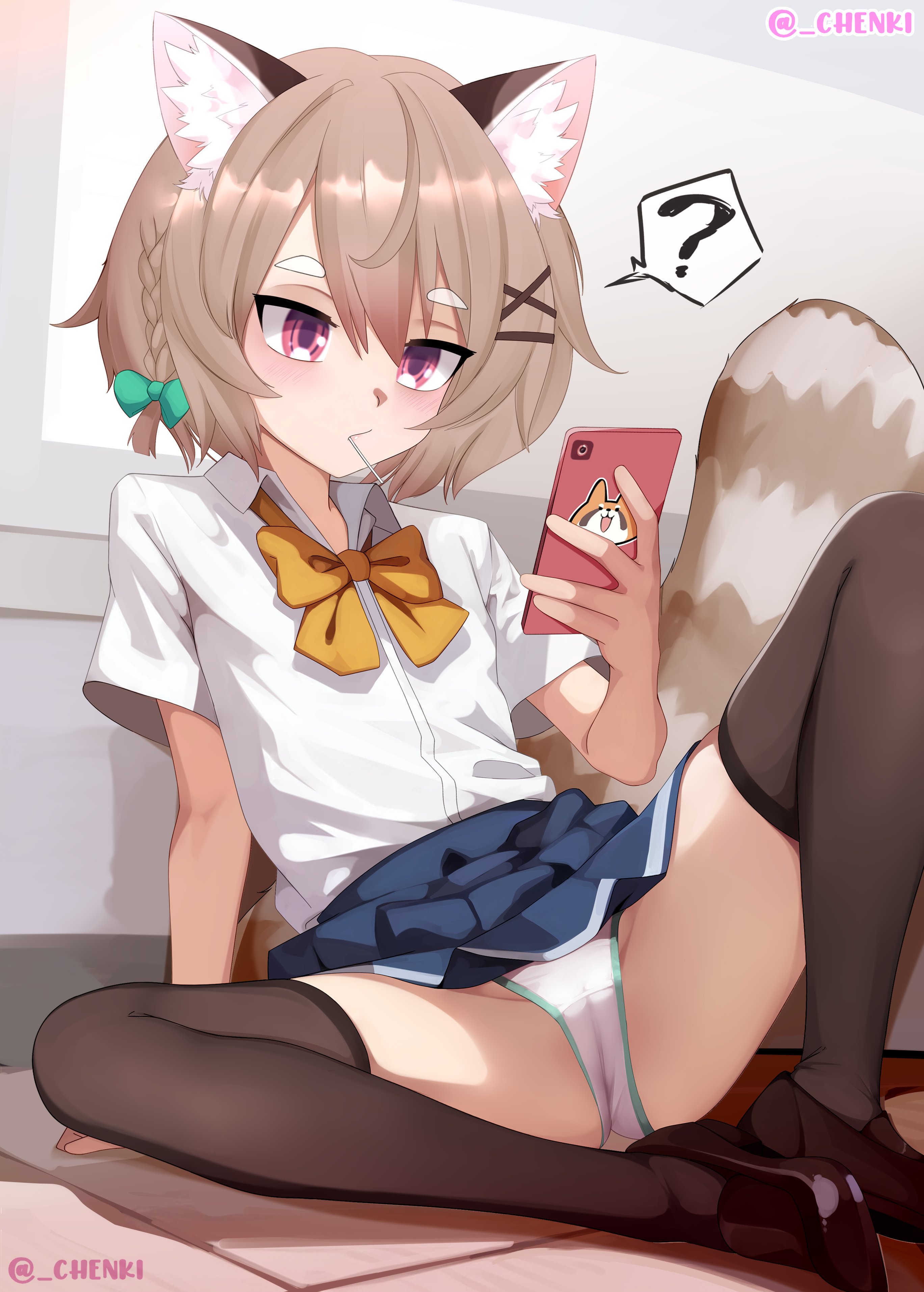 chenki (chenki), komachi panko, phase connect, absurdres, highres, ?, animal ears, bow, bowtie, braid, cellphone, holding, holding phone, male focus, panties, phone, shirt, sitting, skirt, smartphone, solo, spoken question mark, tail, thighhighs, trap, underwear, virtual youtuber, white panties, white shirt