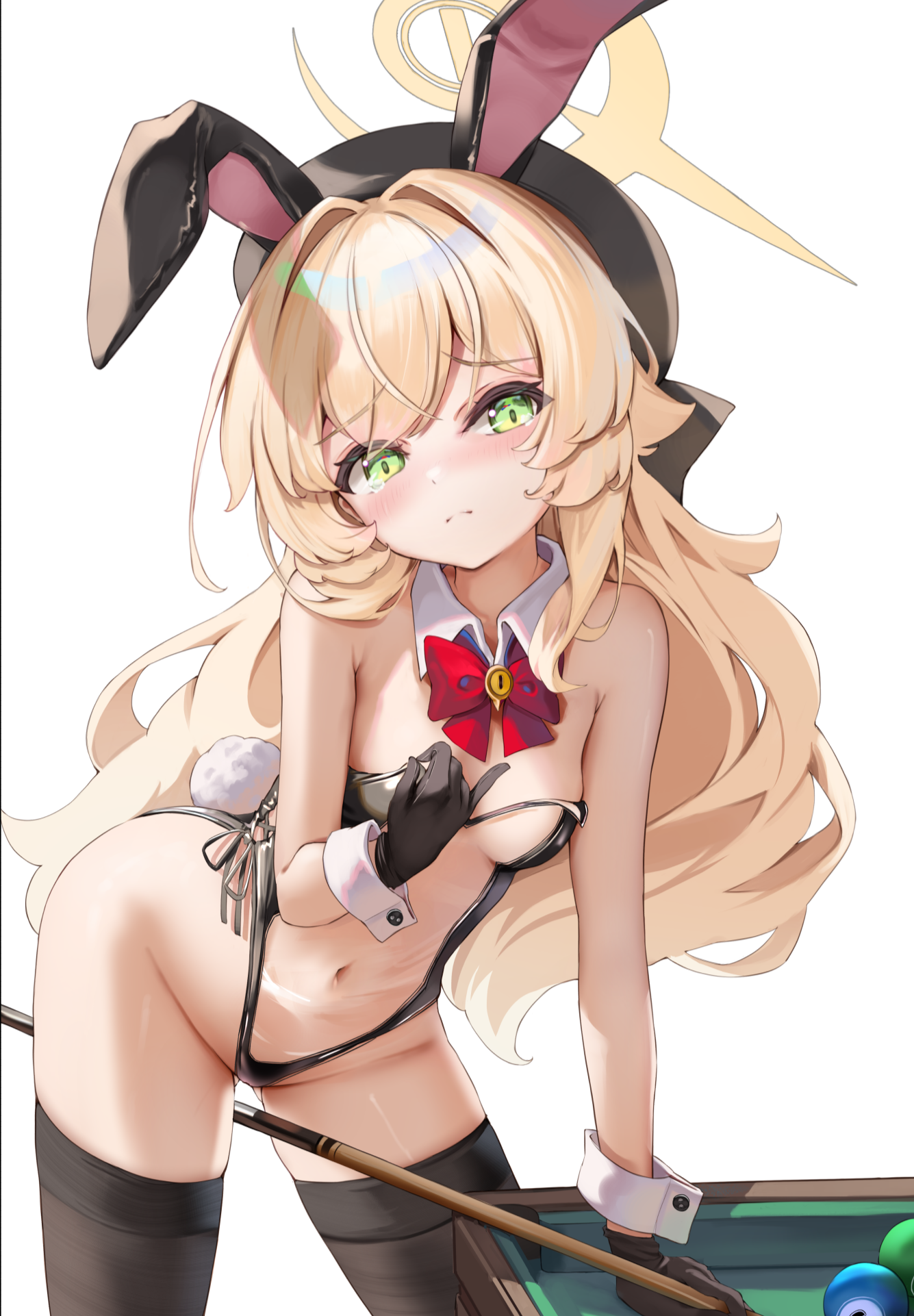 minttea, professor niyaniya (blue archive), blue archive, fluffy hair, commentary, highres, 1girl, animal ears, ball, bare shoulders, beret, billiard ball, black hat, black leggings, black leotard, black thighhighs, blonde hair, blush, bow, bowtie, breasts, closed mouth, cowboy shot, cue stick, detached collar, fake animal ears, frown, gloves, green eyes, halo, hat, holding, leggings, leotard, long hair, looking at viewer, medium breasts, navel, object riding, playboy bunny, pool table, rabbit ears, rabbit tail, red bow, red bowtie, sailor collar, see-through clothes, see-through leotard, simple background, solo, standing, strapless, strapless leotard, table, tail, tearing up, thighhighs, thighs, white background, white sailor collar, wrist cuffs, yellow halo