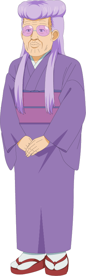 snack basue, official art, 1girl, anime coloring, basue (snack basue), closed mouth, full body, geta, glasses, japanese clothes, kimono, long hair, long sidelocks, looking at viewer, old, old man, old woman, pompadour, purple hair, purple kimono, purple sash, sash, sidelocks, simple background, smile, solo, standing, sunglasses, toyama., transparent background, very long sidelocks, wrinkled skin