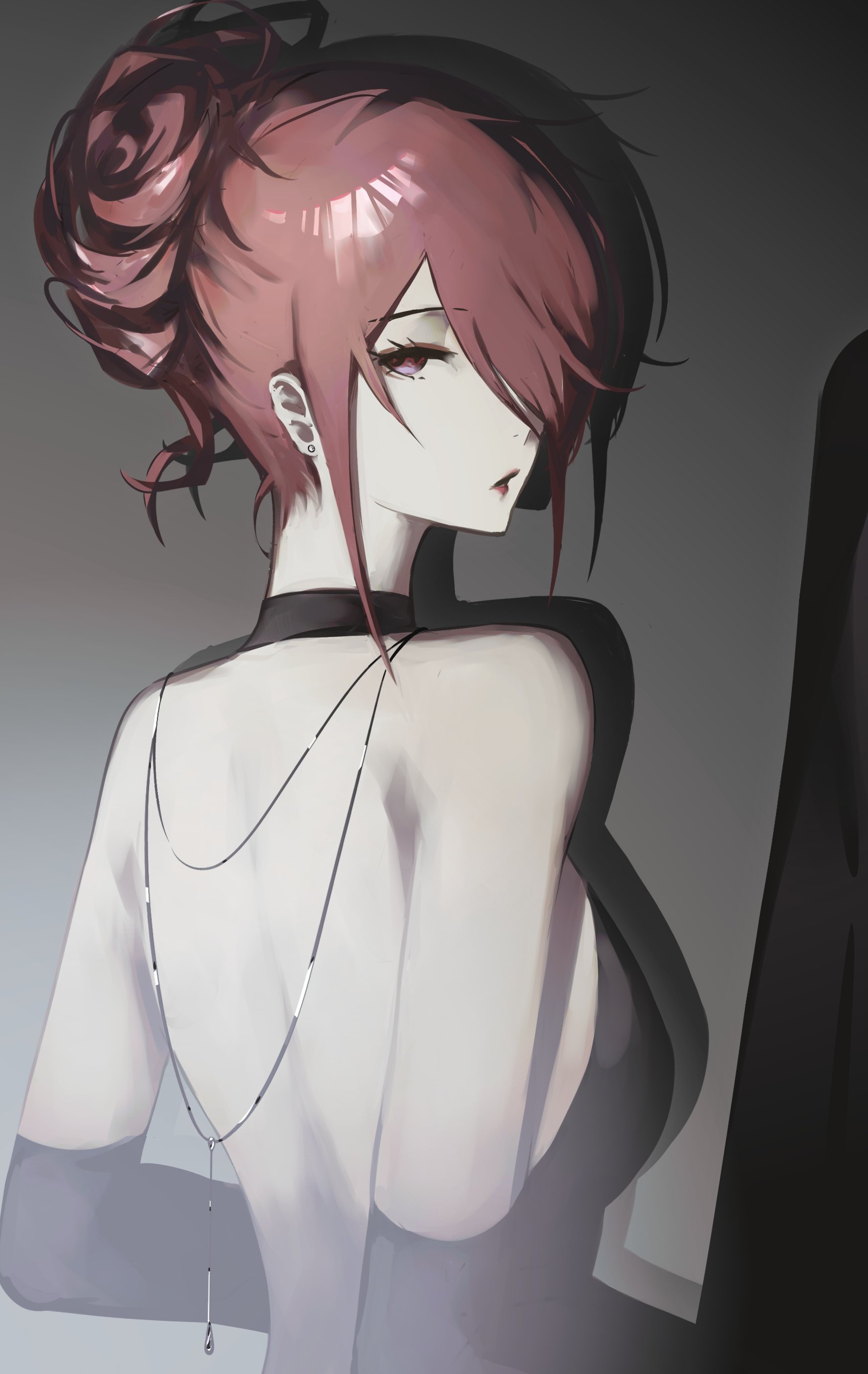 k1kiwa, kirijou mitsuru, persona, persona 3, absurdres, highres, 1girl, backless outfit, black choker, black dress, black gloves, choker, dress, earrings, elbow gloves, from behind, gloves, grey background, hair over one eye, half updo, jewelry, looking at viewer, looking back, necklace, parted bangs, parted lips, pearl earrings, red eyes, red hair, red lips, short hair, sidelocks, simple background, single earring, solo