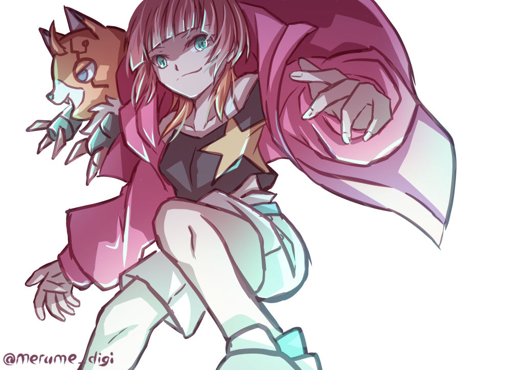 merume digi, pristimon, sakuya reina, digimon, digimon beatbreak, 1girl, black shirt, blue eyes, brown hair, collarbone, cowboy shot, digimon (creature), jacket, multicolored hair, orange hair, pink jacket, print shirt, shirt, shorts, simple background, star (symbol), star print, stuffed toy, twitter username, two-tone hair, white background, white shorts