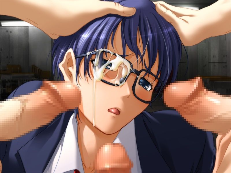 linda, izumi kyouka, discode, discode surface, hand on head, game cg, 00s, 1girl, 3boys, androgynous, bespectacled, black-framed eyewear, blazer, blue eyes, blue hair, blush, bukkake, censored, close-up, clothed sex, cum, cum on body, cum on eyewear, facial, glasses, group sex, handjob, head tilt, hetero, jacket, looking at viewer, mosaic censoring, multiple boys, necktie, open mouth, penis, rape, school uniform, sex, shirt, short hair, solo focus, veins, veiny penis, wing collar
