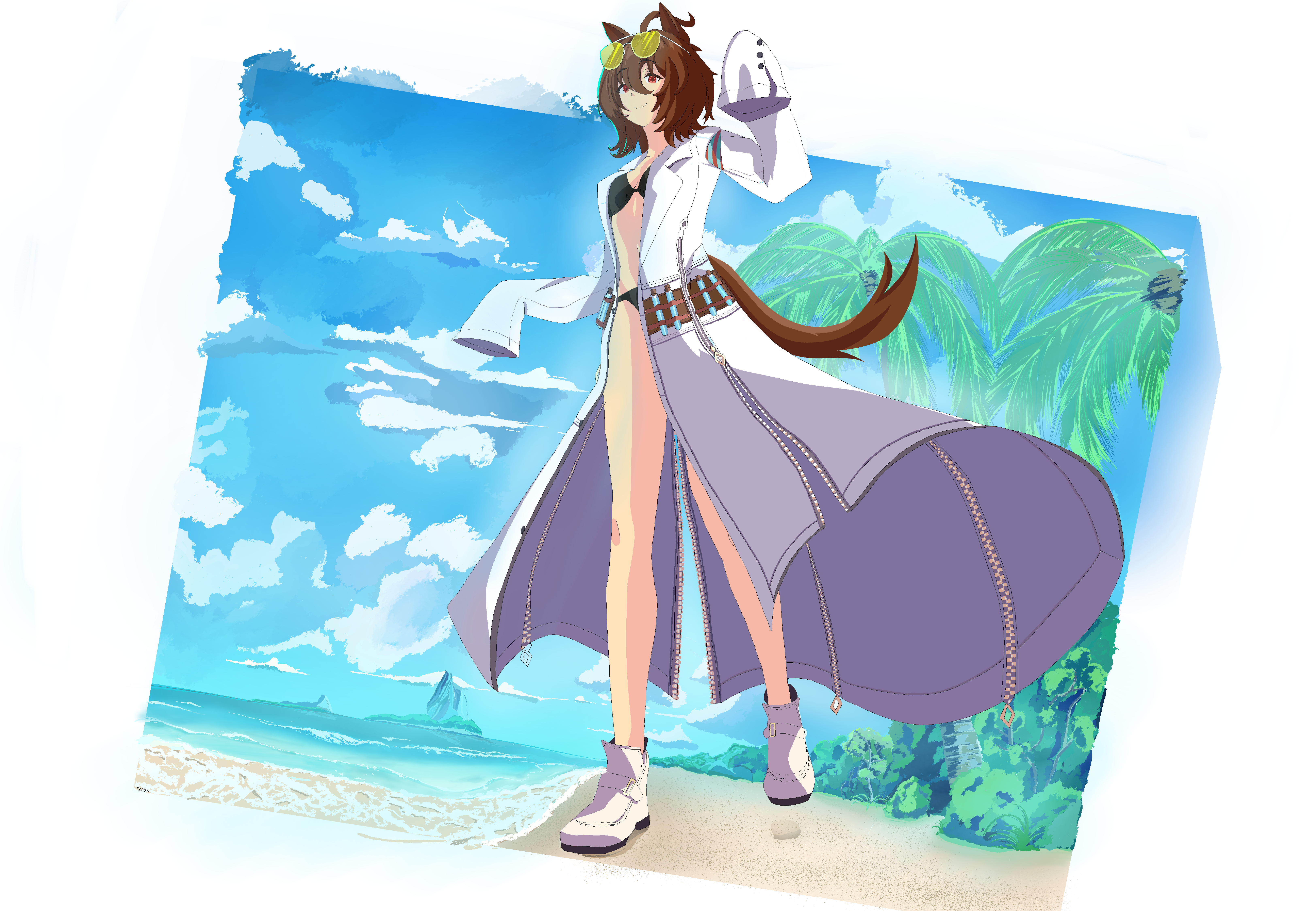 agnes tachyon (umamusume), absurdres, highres, non-web source, 1girl, beach, bikini, black bikini, boots, brown hair, eyewear on head, full body, lab coat, looking at viewer, palm tree, perspective, red eyes, shoes, simple background, sky, smile, solo, standing, summer, swimsuit, tail, tree, white background