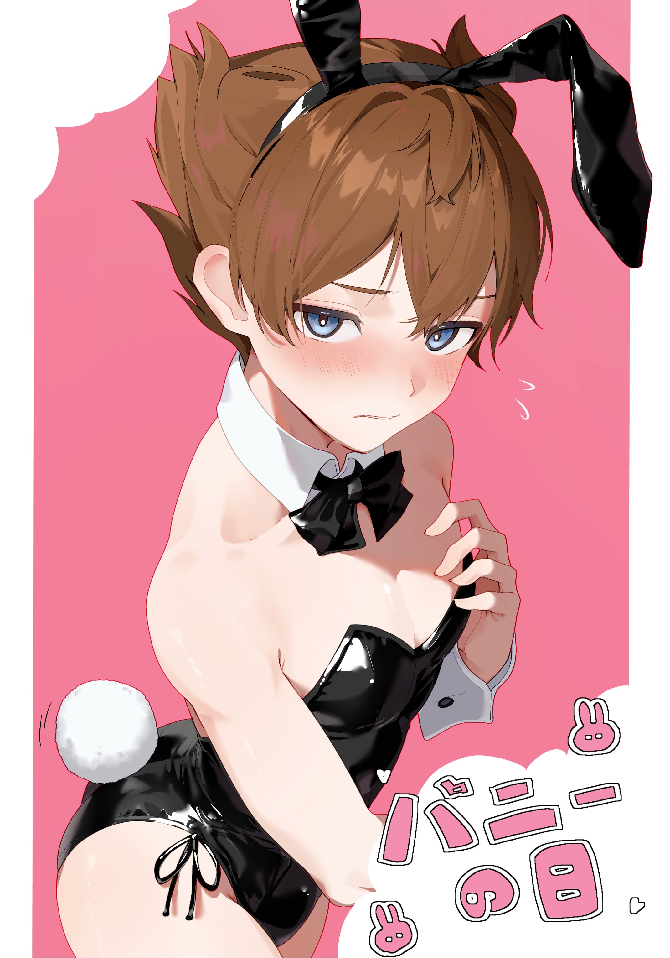 dame!, original, absurdres, highres, 1boy, animal ear hairband, animal ears, armpit crease, bare shoulders, black bow, black bowtie, black leotard, blue eyes, blush, border, bow, bowtie, brown hair, collarbone, cowboy shot, crossdressing, crossed bangs, detached collar, fake animal ears, fake tail, hair between eyes, hairband, hand up, highleg, highleg leotard, leotard, looking at viewer, male focus, male playboy bunny, pink background, rabbit ear hairband, rabbit ears, rabbit tail, short hair, skindentation, solo, tail, trap, white border