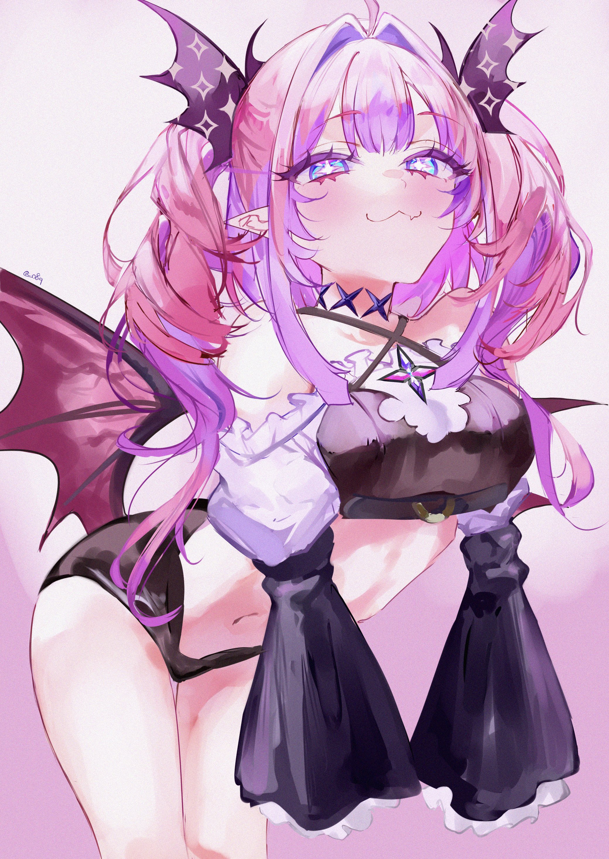 mile (off8mile), kikirara vivi, hololive, hololive dev is, absurdres, highres, 1girl, :3, ahoge, bare shoulders, bent over, black bra, black sleeves, black tube top, bra, cowboy shot, demon girl, demon wings, detached sleeves, drill hair, hair intakes, low wings, navel, pink background, pink hair, simple background, solo, strapless, tube top, twin drills, underwear, white background, wings