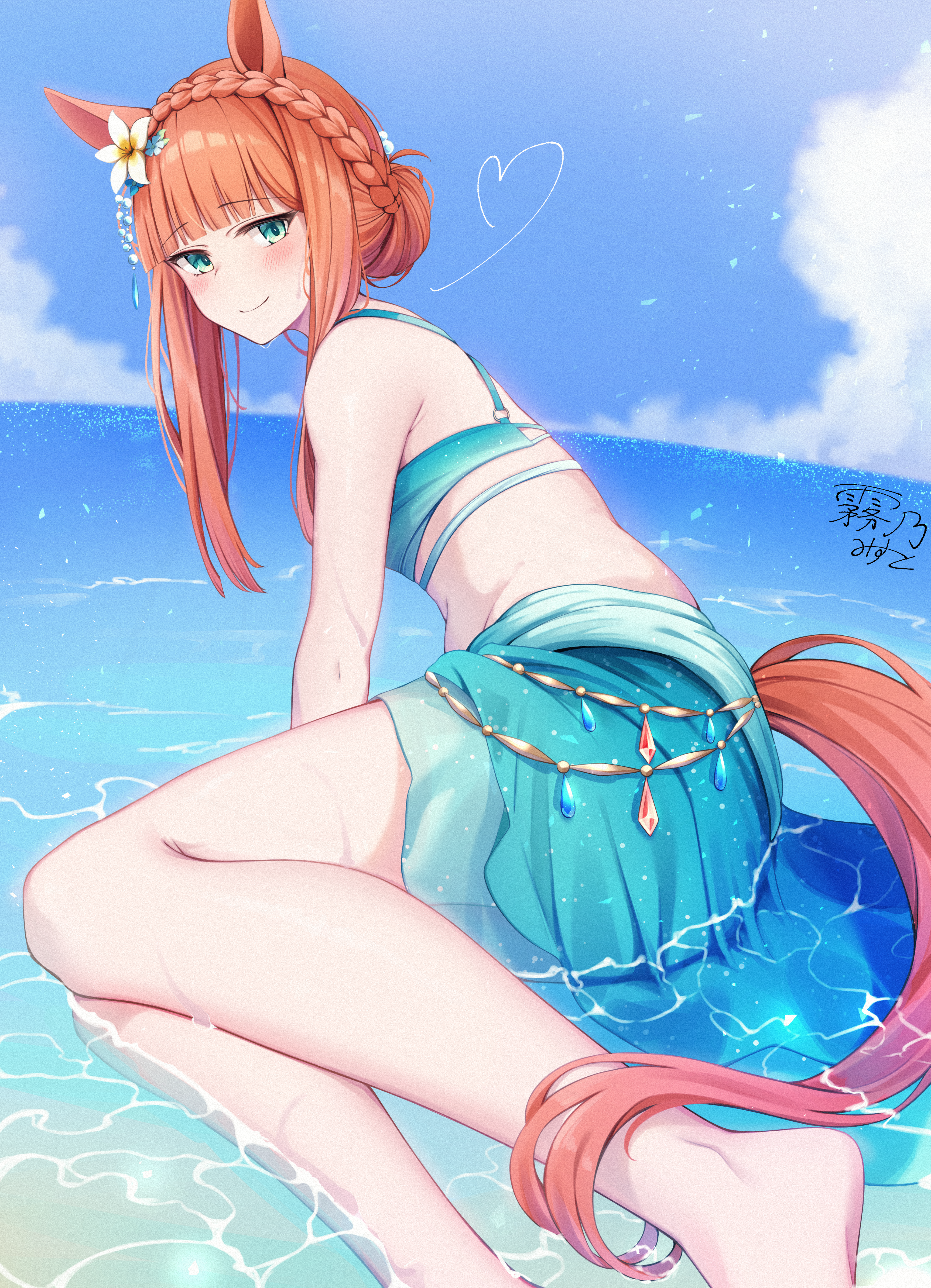 kirino mist, silence suzuka (emerald on the waves) (umamusume), silence suzuka (umamusume), umamusume, absurdres, commentary request, highres, 1girl, animal ears, aqua eyes, bikini, blue bikini, blue sarong, blue sky, blush, braid, cloud, cloudy sky, crown braid, day, hair ornament, half updo, horizon, horse ears, horse girl, horse tail, jewelry, long hair, looking at viewer, navel, necklace, ocean, official alternate costume, official alternate hairstyle, outdoors, sarong, seiza, sitting, sitting on water, sky, smile, solo, star (symbol), star hair ornament, swimsuit, tail
